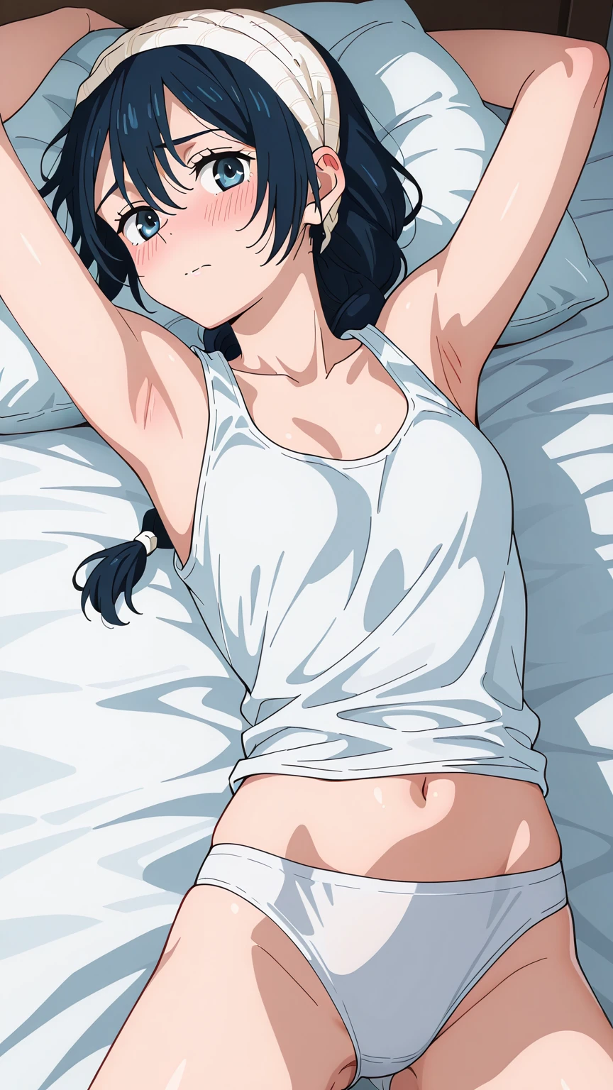 gorgeous lips, (masterpiece), (best quality), (ultra-detailed), very aesthetic, perfect composition, intricate details, absurdres, detailed face, (anime, masterpiece, intricate:1.3), (best quality, hires textures, high detail:1.2), zashiki-warashi, jet black bob haircut, kimono, expressionless, childhood, (thigh), looking_at_viewer, blush, open_mouth, bangs, navel, hetero, lying, one_eye_closed, teeth, solo_focus, tongue, tears, on_back, armpits, clothes_lift, arms_up, , bed_sheet, pov, shirt_lift, trembling, camisole, tearing_up, (1boy, dark skin male, out-of-frame_censoring, implied_sex, tickling), shiny skin, (adult, panties)
