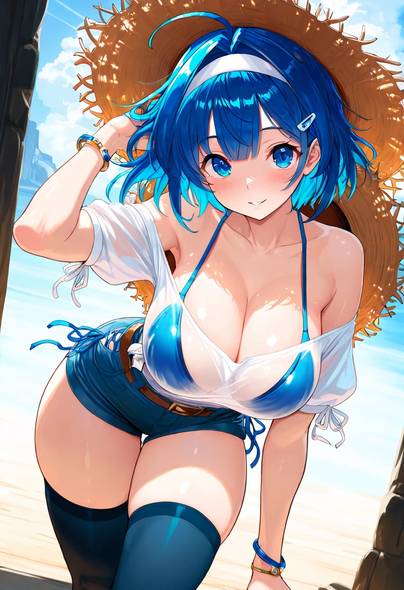 (Highest quality:1.4、8K:1.4、detailed)、F cup bust、Big Breasts、Slim body、Very white beautiful skin、((((1 person、Surprised expression、sit、Chair、In the background are the urban buildings of Tokyo、looking at the camera、Outdoor café terrace、coastal、Navy hair color、juice、Shooting up close、table、Very cute face))))、((((、))))、(Touching cheeks with both hands pose:1.4)、、bikini、Very blue sky、A completely cloudless sky