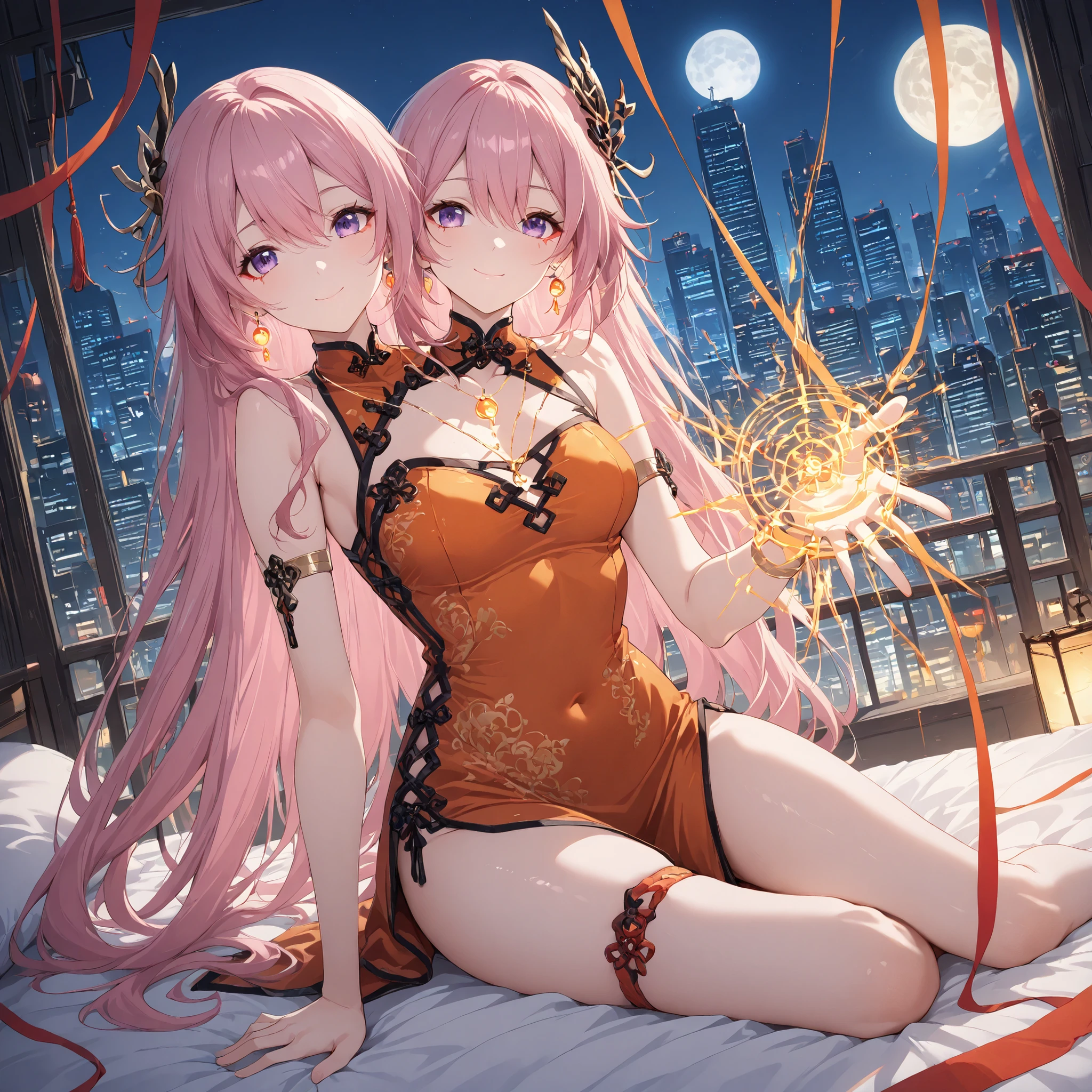 1 girl, legs, normal pair of legs, masterpiece, laying in bed, reaching out to viewer, best quality, good quality, 2girls, conjoined, two heads solo, genshin_impact, acheron_ilxl, 1girl, long hair, solo, looking at viewer, purple eyes, bangs, closed mouth, pink hair, bare shoulders, earrings, hair ornament, smile, jewelry, hair between eyes, (2heads:1.3) Chinese_clothes, white and orange, cyberhan, cheongsam, cyberpunk city, dynamic pose, glowing headphones, glowing hair accessories, long hair, glowing earrings, glowing necklace, cyberpunk, high-tech city, full of mechanical and futuristic elements, futuristic, technology, glowing neon, orange, orange light, transparent tulle, transparent streamers, laser, digital background urban sky, big moon, with vehicles, best quality, masterpiece, 8K, character edge light, super high detail, High quality, the most beautiful woman in man, smiling slightly