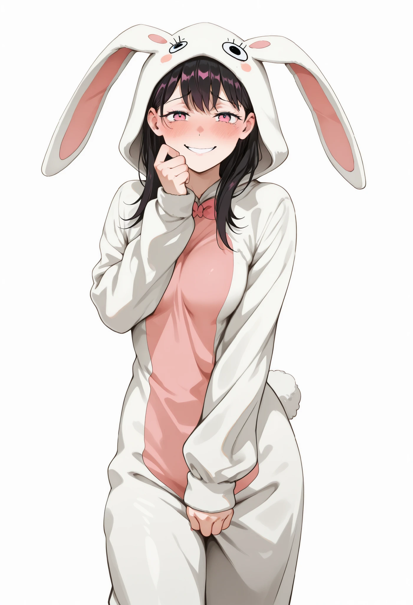 solo,female,,(large breasts),,pink eyes,narrowed eyes,grin,looking at viewer,,standing,kobeni higashiyama,(shy face:1.5), rabbit costume, standing, posing, white background, empty background, solo, small , side pose