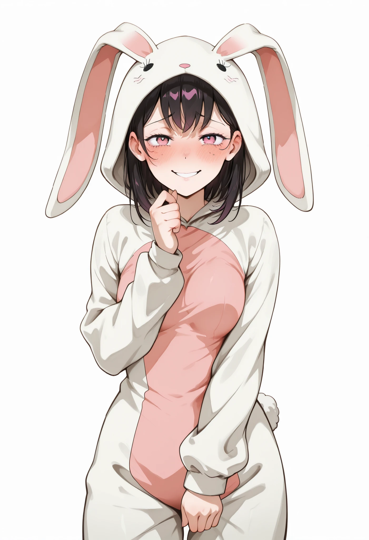 solo,female,,(large breasts),,pink eyes,narrowed eyes,grin,looking at viewer,,standing,kobeni higashiyama,(shy face:1.5), rabbit costume, standing, posing, white background, empty background, solo, small , side pose