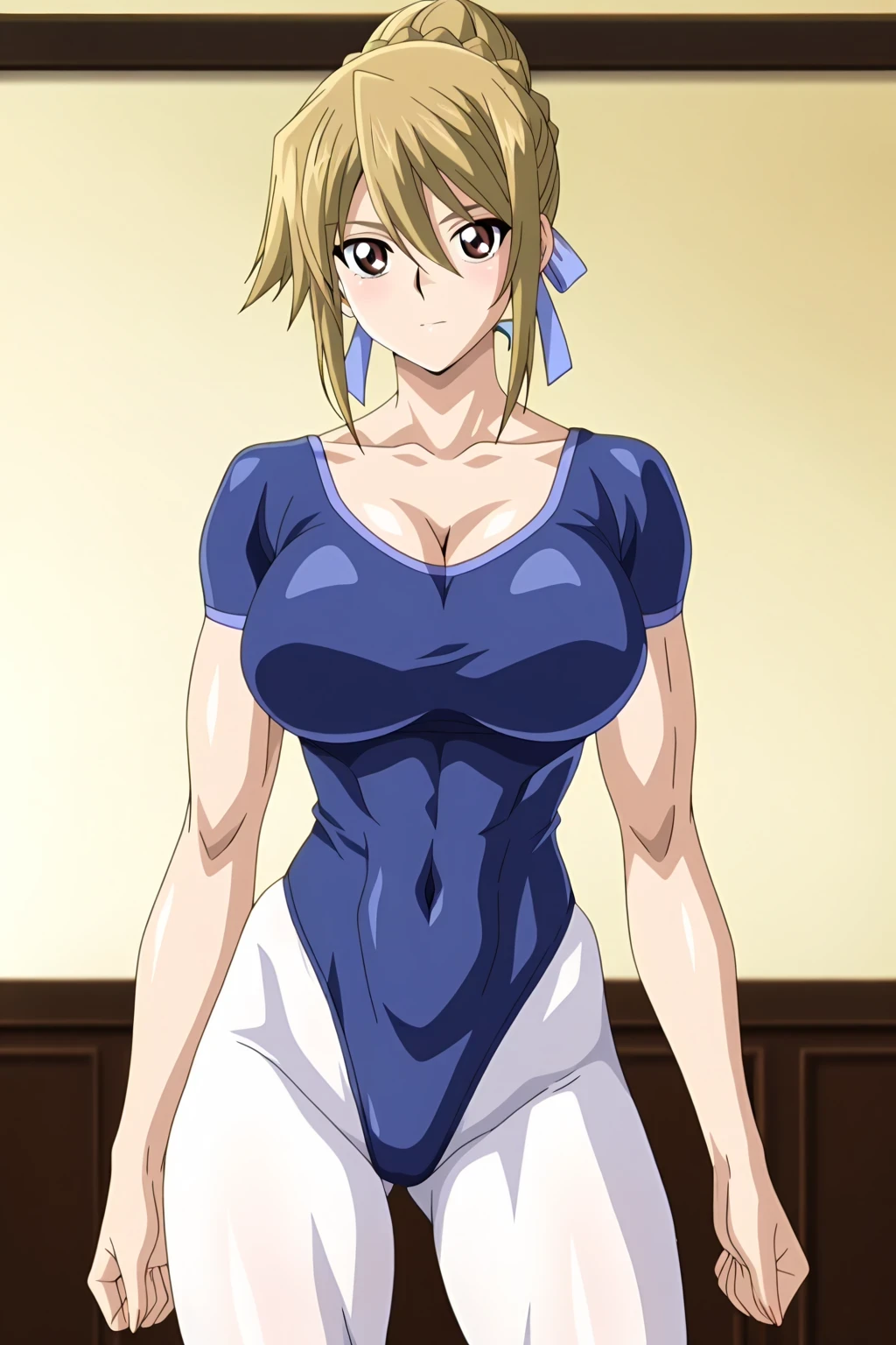 傑作、Best quality、Best resolution、Best image quality、amazing quality、 very aesthetic、 absurdres、anime coloring、anime screencap、anime screenshot、very delicate and beautiful、1girl、 <lora:Asuka_Tenjoin_Noob_Lora:1>、Asuka T、anime female is wearing a blue leotard、blonde hair 、brown eyes 、hair between eyes 、hair bun 、single hair bun 、braid bun、A girl doing a yoga pose、anime pose、solo、ballet pose、wearing a leotard、outfit:leotard、anime cool female is wearing a blue leotard、biceps、biceps long head、biceps short head、triceps、triceps medial head、triceps lateral head、triceps long head、brachioradialis、collarbone 、covered trapezius 、covered breasts、big breasts 、cleavage 、large breasts 、covered boobs、large boobs 、covered tits、large tits 、covered deltoids 、anterior deltoids、middle deltoids、posterior deltoids、covered thigh muscles、covered semitendinosus muscles、coveredadductor magnus muscles、wearing a white pantyhose、covered navel、covered abs、covered midriff、slender body、toned body、flexible body、tall lady、(blue only leotard)、high leg cut、really、cool lady、beautiful lady、brave lady、high leg cut leotard、simple leotard、 basic leotard、athletic leotard、training leotard、plain leotard、no underwear、ballet leotard、The collar of the leotard is a U neck、really、anime beautiful female、anime cool female、The leotard has short sleeves、The lower half of the leotard is high leg cut、tight leotard、leotard and pantyhose only、female focus、looking at viewer、cowboy shot、