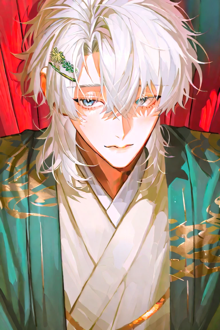 absurdres, highres, ultra detailed, HDR, master piece, best quality, Tsurumaru Kuninaga, white hair, expressive yellow eyes, white eyelashes, Touken Ranbu, solo,  man, handsome, white clothes, fantasy, shining, water, pink flowers, pink blossoms, pink butterflies, pink petals