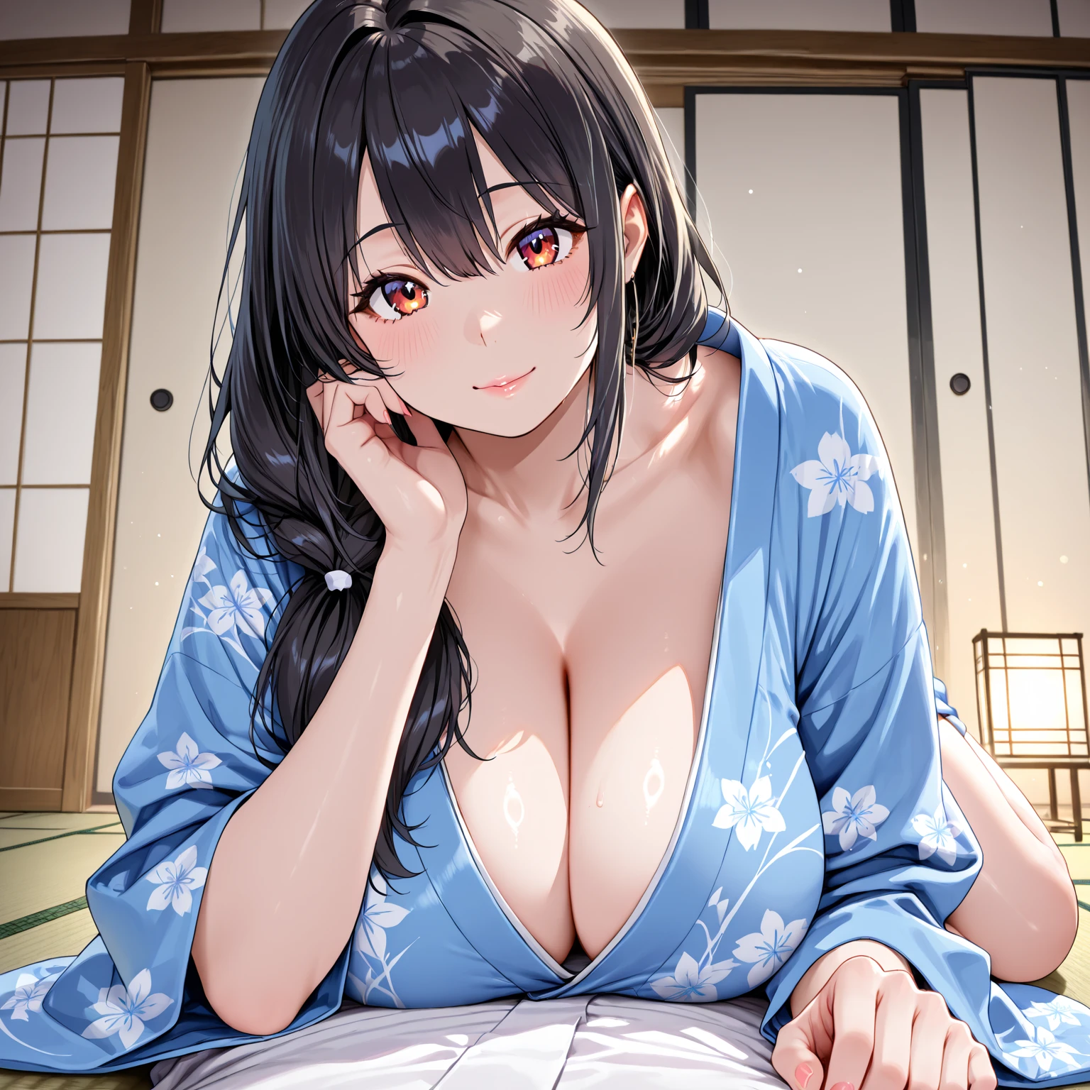 (Fox Girl, Fox Ears, Black colored hair, Fox Makeup, One Girl, Long Hair:1.6), (kimono, Kimono with open chest, A beautiful kimono with red and black patterns, I can see her cleavage, Open chest,  skin:1.8), (Body size is 100-70-90!, Nice body, Big Breasts, Soft breasts, Emphasize cleavage, Knees are slightly visible, Muscular, Abdominal muscles, Grab your own chest:1.9), Avatar, face,  face, Dominant representation, naughty face, Uplifting, Skin Texture, outside, Grassy field