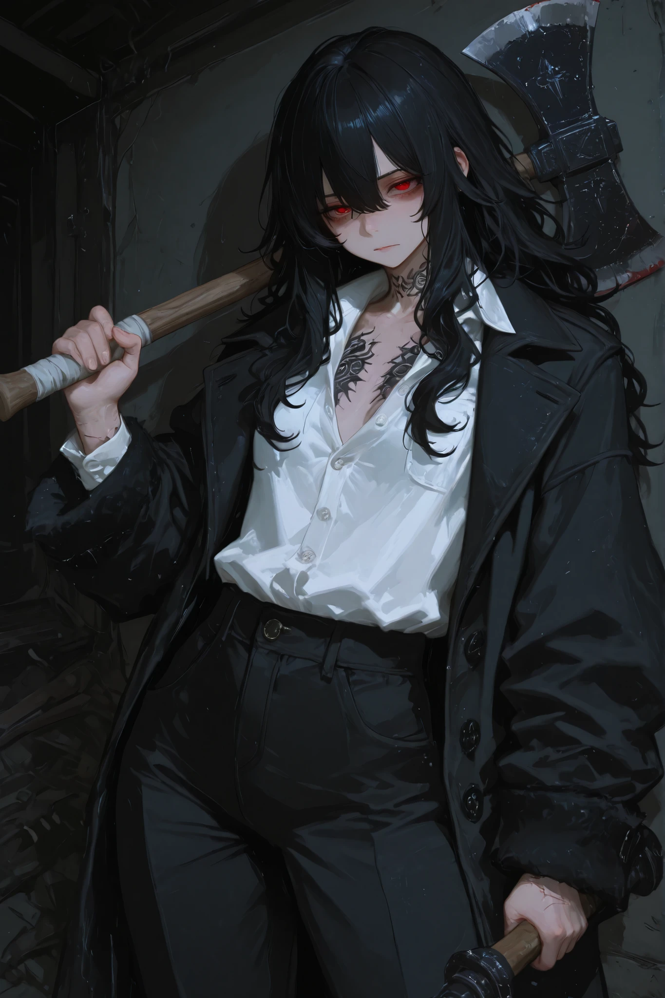 holding axe, holding weapon, holding hammer, wolfcut, fluffy hair, voluminous hair, wavy centerparted, wavy bangs, wavy hair, 748cmstyle, 1girl, ultrahd, best quality, highres, 8k, 4k, ultrahd, black coat, white shirt, open coat, black pants, black hair, long hair, dual wield, tattoos, black tattoos, fit, muscular, scars, cut scars, mature, flat chest, two weapons, best eyes, buttoned shirt, red eyes, muscular, large axe, large hammer