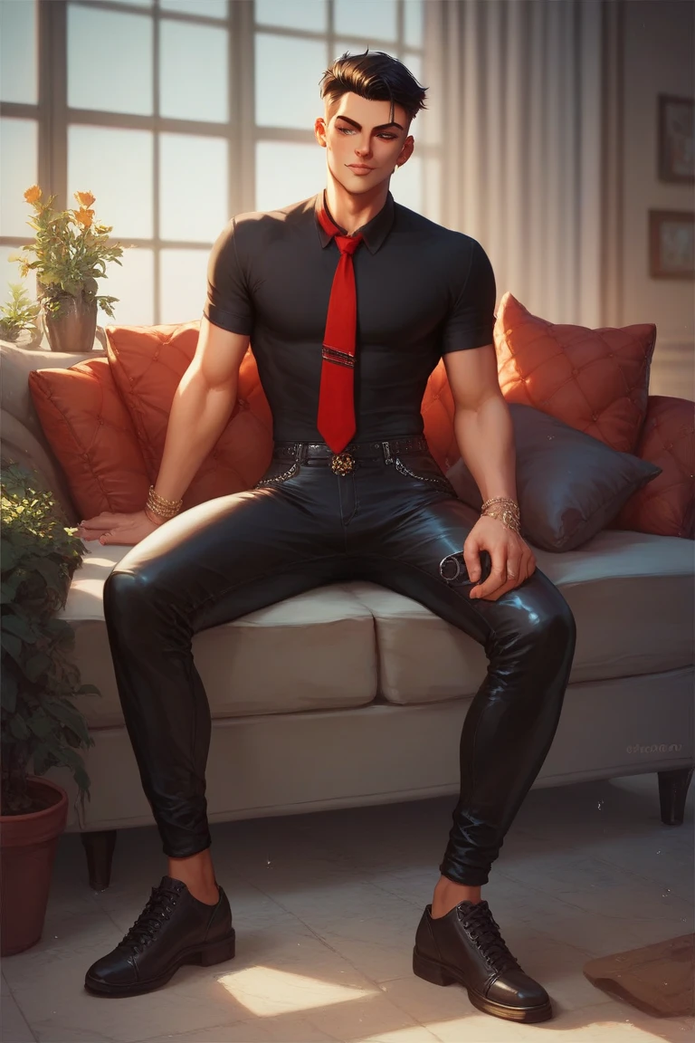 ((Best Quality, 8K, ultra-detailed, Masterpiece: 1.3)), 1boy, shiny skin, sharp, Perfect Body Beauty, realistic shaded perfect body, cute baby face,mascle, handsome young hunk, stubble, red velvet royal tailcoat, in a bright gothic white marble grand hall, sitting on giant staircase,  muscular , barefoot, large   and , looking at viewers, best quality, highres, 8k, realistic