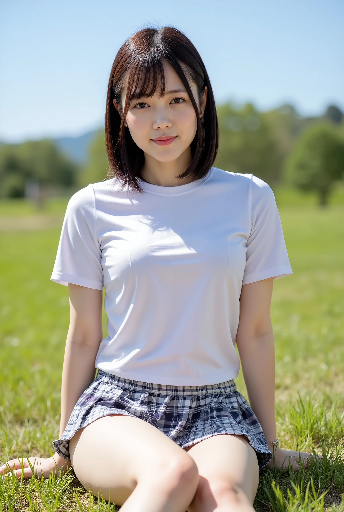 (high resolution:1.5), (masterpiece:1.5), full body, very detailed, best quality, 8k, (Cute Japanese woman), cute 20 year old beauty, Slender actress, (Small breasts:1.1), detailed face, Beautiful and elegant face, cute face, (Round face:1.4), thin lips, (medium bob hair), natural bangs, arched eyebrows, well-groomed eyebrows, cute eyes, beautiful eyes, beautiful thin nose, beautiful face line, (beautiful skin), (natural bangs), fair skin, Beautiful breasts, ((Slender body:1.5)), summer blue sky, mountain grass park, tight school sailor suit, (short sleeve school sailor suit), ((plaid pleated micro mini skirt)), (knee-high socks), (Beautiful navel), open navel, wearing a school sailor uniform that shows the navel, high angle composition , smooth skin, sitting on the grass,