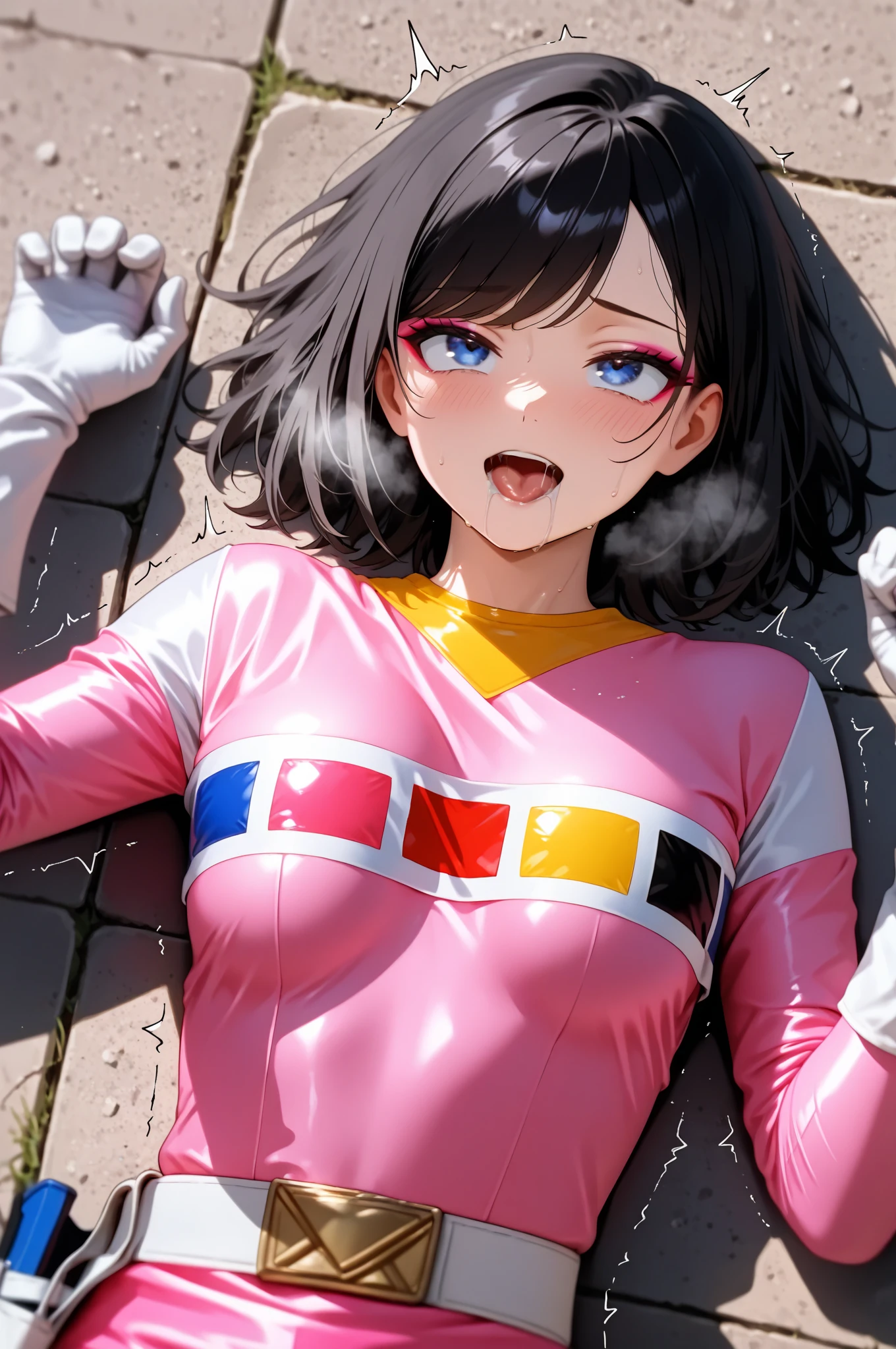 25 year old woman in a sexy pink and white shiny hero suit:1.5, highest quality, High resolution, 8k, One girl, (Huge breasts :1.5), Day, bright, Training Gym, (bangs,Black Hair,Medium Hair), Beautifully detailed skies, Soft lighting, Wind, Shiny skin, View your viewers, smile