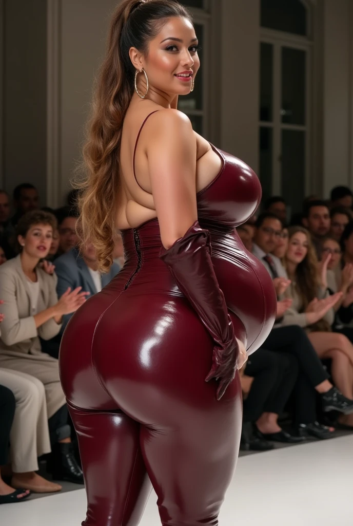 a photo of a woman , wearing a slit at the legs at both sides, turtleneck red dress, hourglass figure, slim upper body, flat chest, wide large hips, muscular legs, blonde hair, beautiful caucasian woman