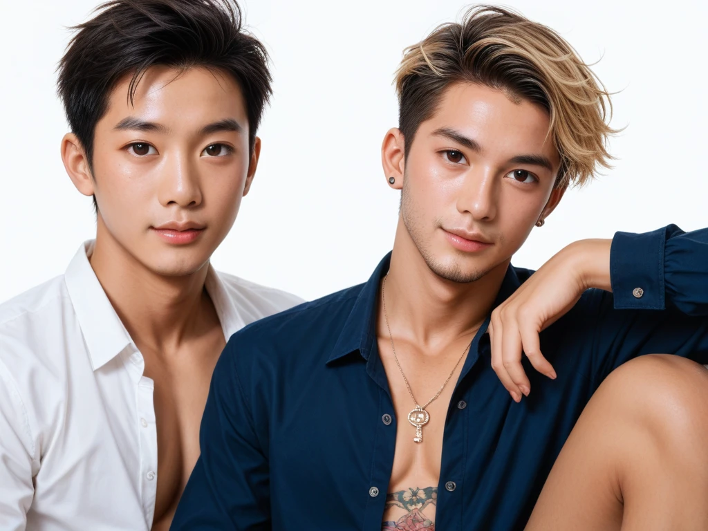 ((masterpiece)),((best quality)),8K,high detail,Very detailed, Very manly，3 men, like，fashion pose, Realistic skin texture, Light,
Royal blue style couple