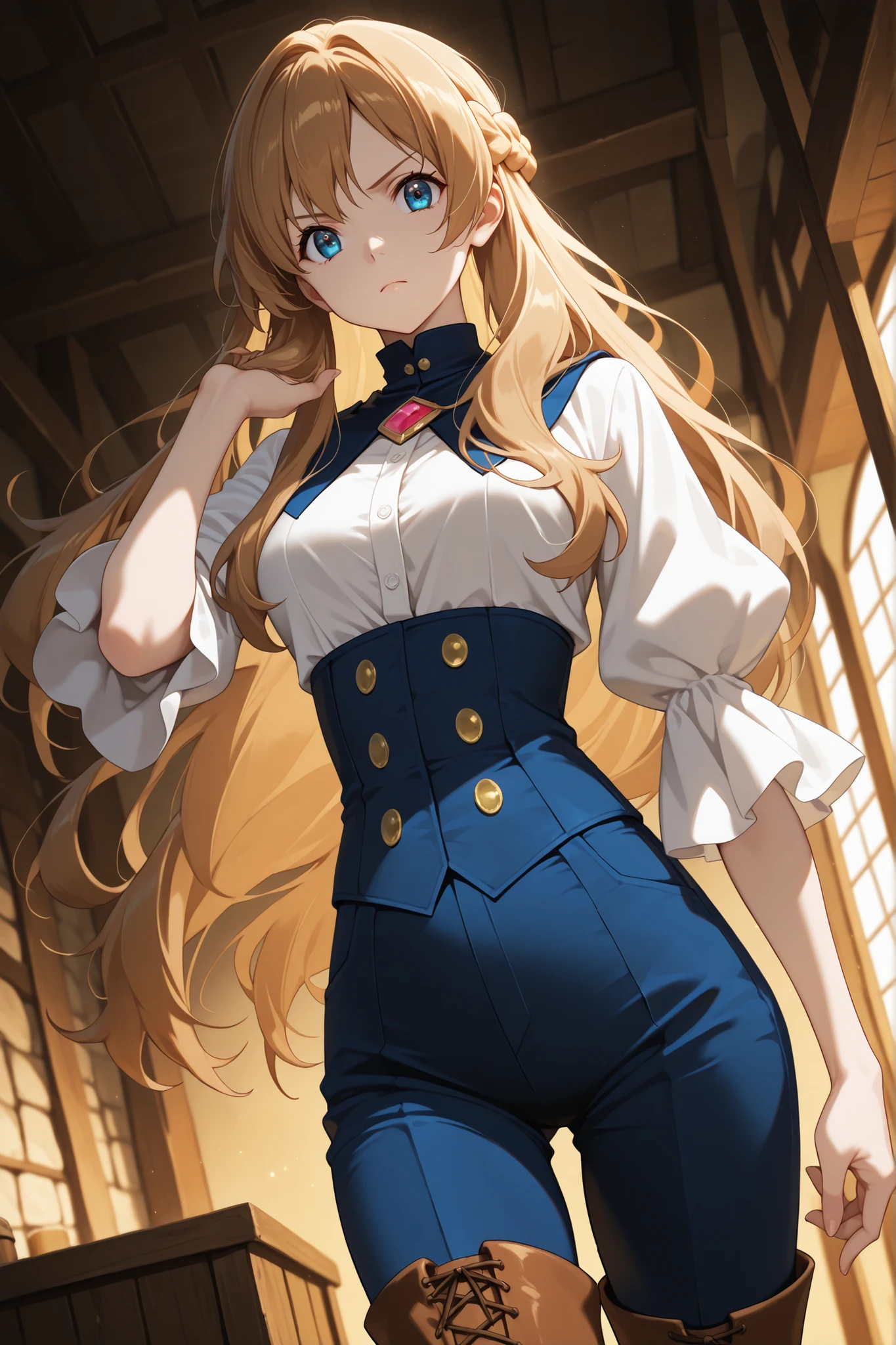1girl, score_9 , score_8_up , score_7_up , source_anime, pokemonserena, solo, serena, blue eyes, brown hair, Shoulder-length hair, braid, adult, 20 years old, borwn thigh boots, a form-fitting navy blue top with a heart-shaped chest cut and vertical gold buttons over a white shirt, very large white puff sleeves, the collar is high and white, blue pants, very beautifull, looking at viewer , cowboy shot , dutch angle, in a medieval house, serious