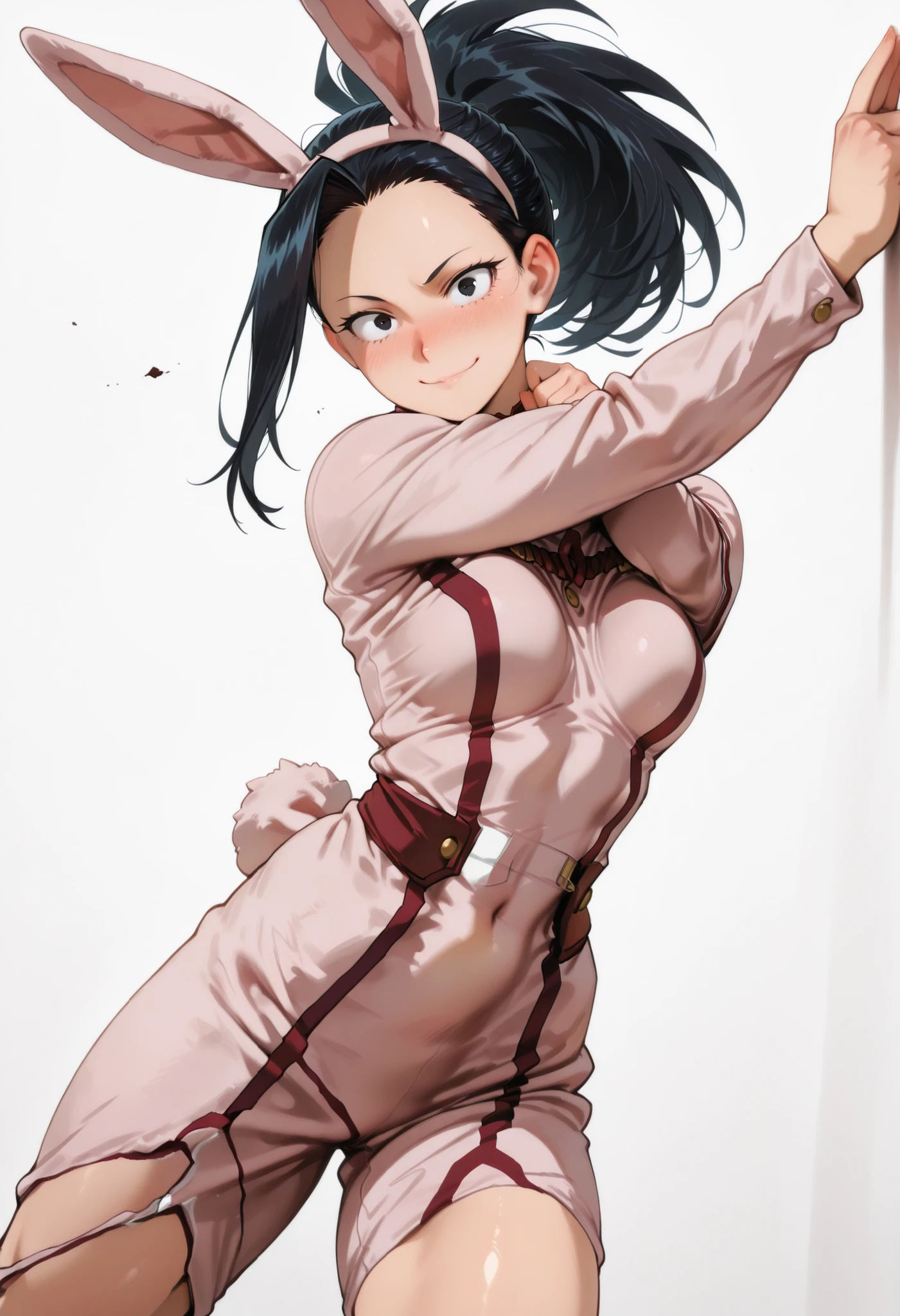 nose blush, shiny legs, shiny body, shiny hair, clear skin, clear body, short hair,, white background, simple background, standing, (masterpiece), best quality, expressive eyes, perfect face,1girl,(medium ),, nose blush, looking at viewer,, nice legs, white background, simple background, posing, yaoyorozu momo, long hair, bangs, black hair, ponytail, black eyes, high ponytail, wide ponytail, tight clothes,,, COWBOY SHOT,, SOLO,solo, , thick thigh, dynamic pose, navel ,midriff,,, LOOKING AT VIEWER, WHITE BACKGROUND, EMPTY BACKGROUND, soft smile,, DYNAMIC POSE, rabbit costume