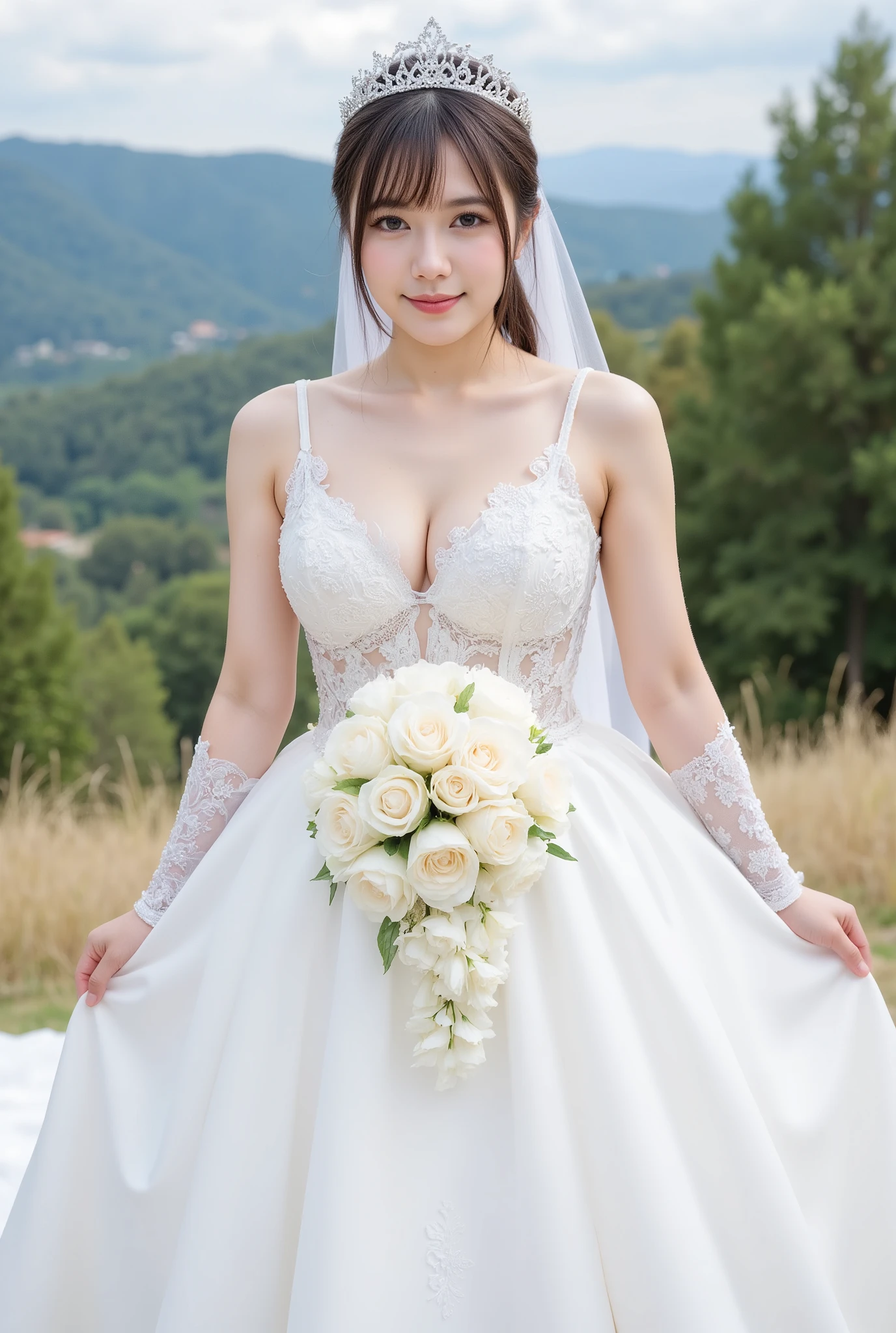 (Best Quality, masutepiece:1.2), (Realistic:1.3), (hyper detailed background, Detailed background), Bokeh, ((medium breasts:1.2)), ((Beautiful valley)),(Long Train Wedding Dresses:1.3),Bridal tiara, Bridal Veil, bridal gauntlets, Bridal Cascade Bouquet, Upper body, Wedding venues in the Mediterranean, The skirt spreads round and wide, 1girl in, Teenage, Cute,Smiling,