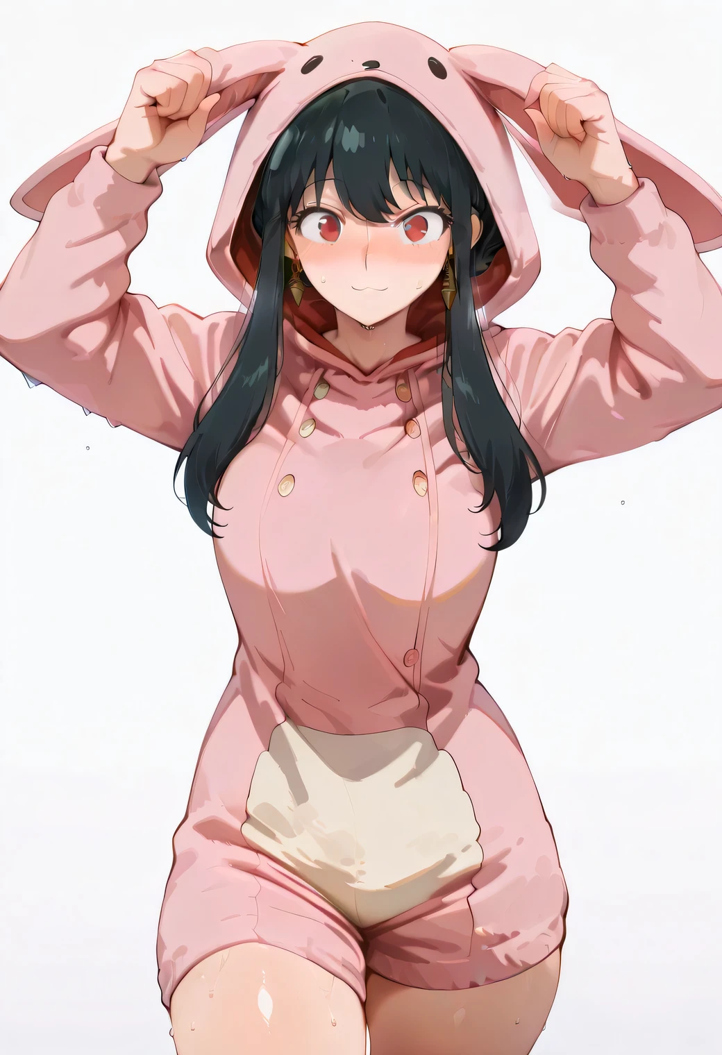 score_9, score_8_up, score_7_up, score_6_up, score_5_up, score_4_up, masterpiece, high quality, yor briar, black hair, red eyes, earrings,, long hair, sidelocks, , shiny skin, shiny hair, shiny body, clear body, , nose blush, sweat, sweaty, sweaty:1.3,, standing, nice legs,, looking at viewer, thick thigh, thick thighs, nice face, solo, opaque clothes, cowboy shot, nice legs, DYNAMIC POse, , solo, , thick thigh, dynamic pose, ,,,, LOOKING AT VIEWER, WHITE BACKGROUND, EMPTY BACKGROUND, soft smile,, DYNAMIC POSE,  , rabbit costume