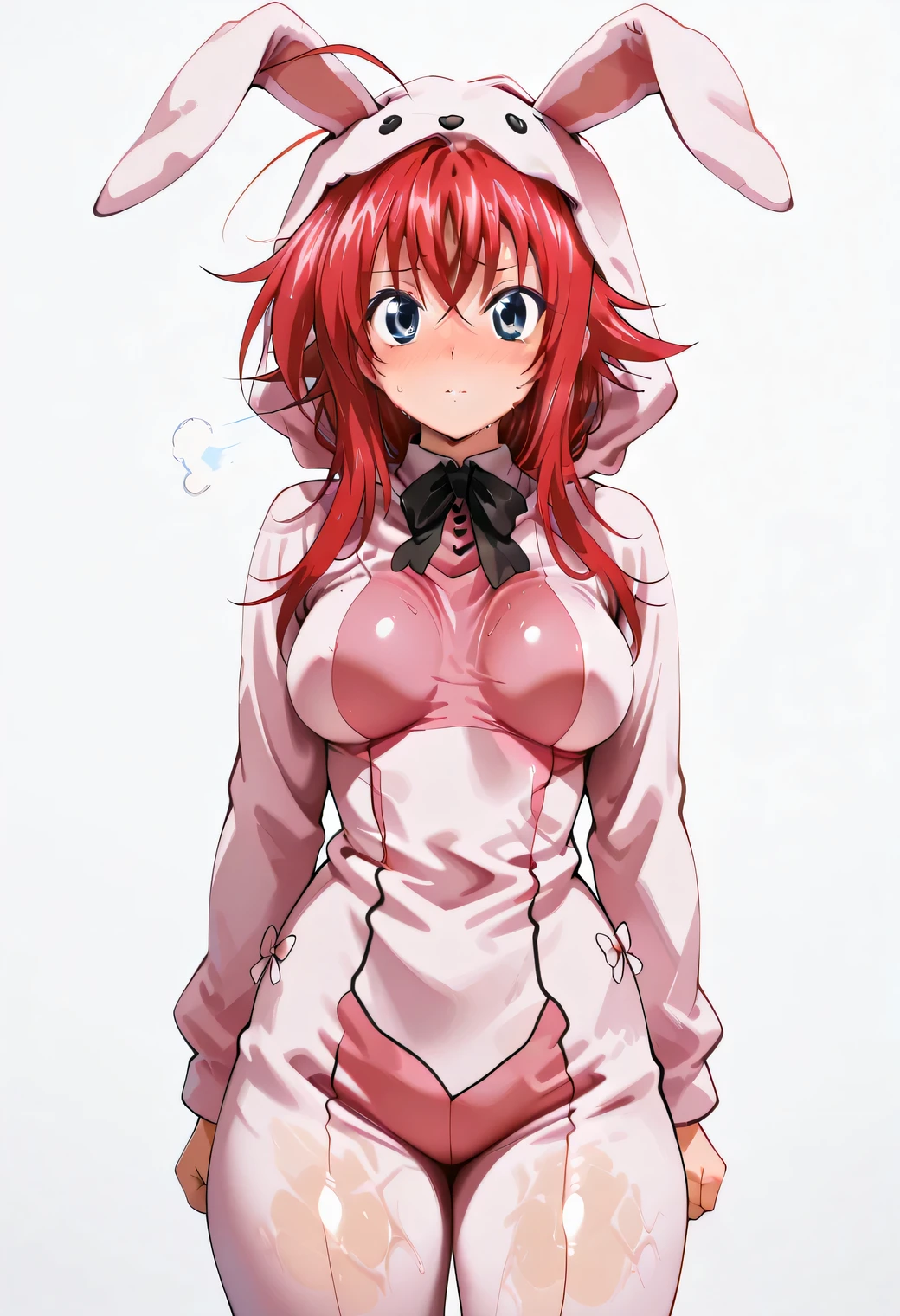 (masterpiece), Anime Style,solo,alone,only 1 girl,Rias Gremory standing, , , COWBOY SHOT, detailed rendering, smooth skin ,, looking at viewer, nose blush,,, clear skin, clear body, sweat, sweaty, sweaty:1.3, solo, thick thigh, thick thighs, solo, female, ,, looking at viewer, , STANDING, POSING, COWBOY SHOT,, opaque clothes,, ,, solo, , thick thigh, dynamic pose,, ,,,, white background, empty background,, COVERED , rabbit costume, covered legs