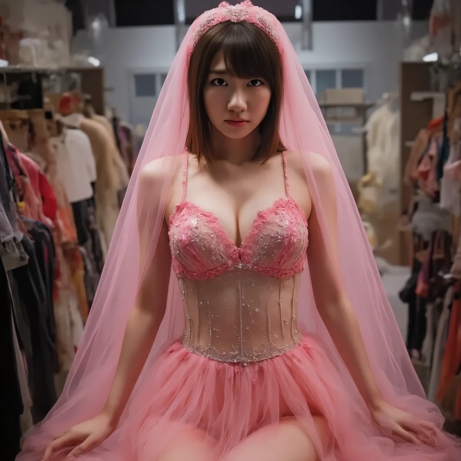 A beautiful woman with a hollow expression wearing a pink prom mini dress is in a glass showcase、pink wedding veil、price tag 、Bright Lights、Love Doll Showroom、Gentleman Appreciating Products、1 woman、Details Belly、Beautifully Drawn Face in Every Detail、Thin hollow eyes、detailed lips、graceful pose、Dramatic Lighting、Realistic、high quality、reality、very detailed、8k、masterpiece、studio light、cinema lighting、dramatic atmosphere、Sulky、high end、charming、from below、anatomically correct、textured skin、最high quality、very detailed、Ultra high definition 、4K、8k、slender、Big Boobs、Woman with long straight black hair and a hollow expression