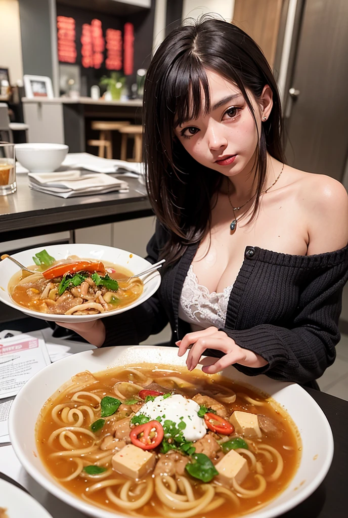 best quality，a girl，Detailed face，There is hot pot in front，Fat cattle，mutton，Leg of lamb，Hot pot ingredients，The table is full of meat，Full of Han seats
