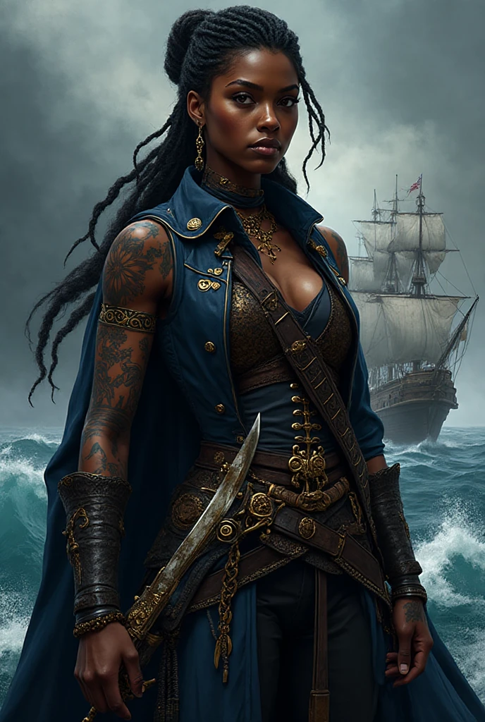 (highly detailed RAW color photo, absurd resolution, high resolution, ultra detailed), ((r 9 6 angle)), 1 black woman, fearless and courageous expression, mature, skinny shoulders, very skinny body, long dreads, black captitain dark pirate hat, white dreads, vibrant green eyes, (detailed eyes and detailed face), extremely detailed 8k photo, looking at the viewer, solo, alone, (full body: 0.9), outside of a ship, external ship background, detailed face, (medieval fantasy theme: 1.3), light blue pirate-themed armor, with highly intricate  details, blue pants, ship in the background, inside the ship, ship's deck, inspired by Dungeons and Dragons, digital artwork, ultra realistic , photography,soft lighting, soft details, octane, artstation trending, ultra high detail, ultra realistic, cinematic,16k