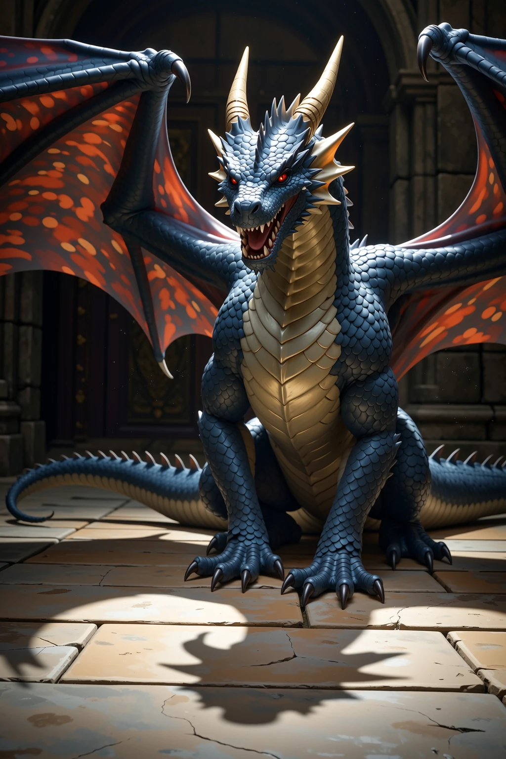 Colorful feathered wyvern body lying down on the table. Wings spread out and Strapped to the table with leather straps. Mouth wide open with no teeth and fangs and tooth. Milk dripping out of mouth splattering onto the table. Milk inside mouth. Photorealistic. Head tied down to the table. Leather  on head. The wyvern is in a bowing position pointed tord camera 