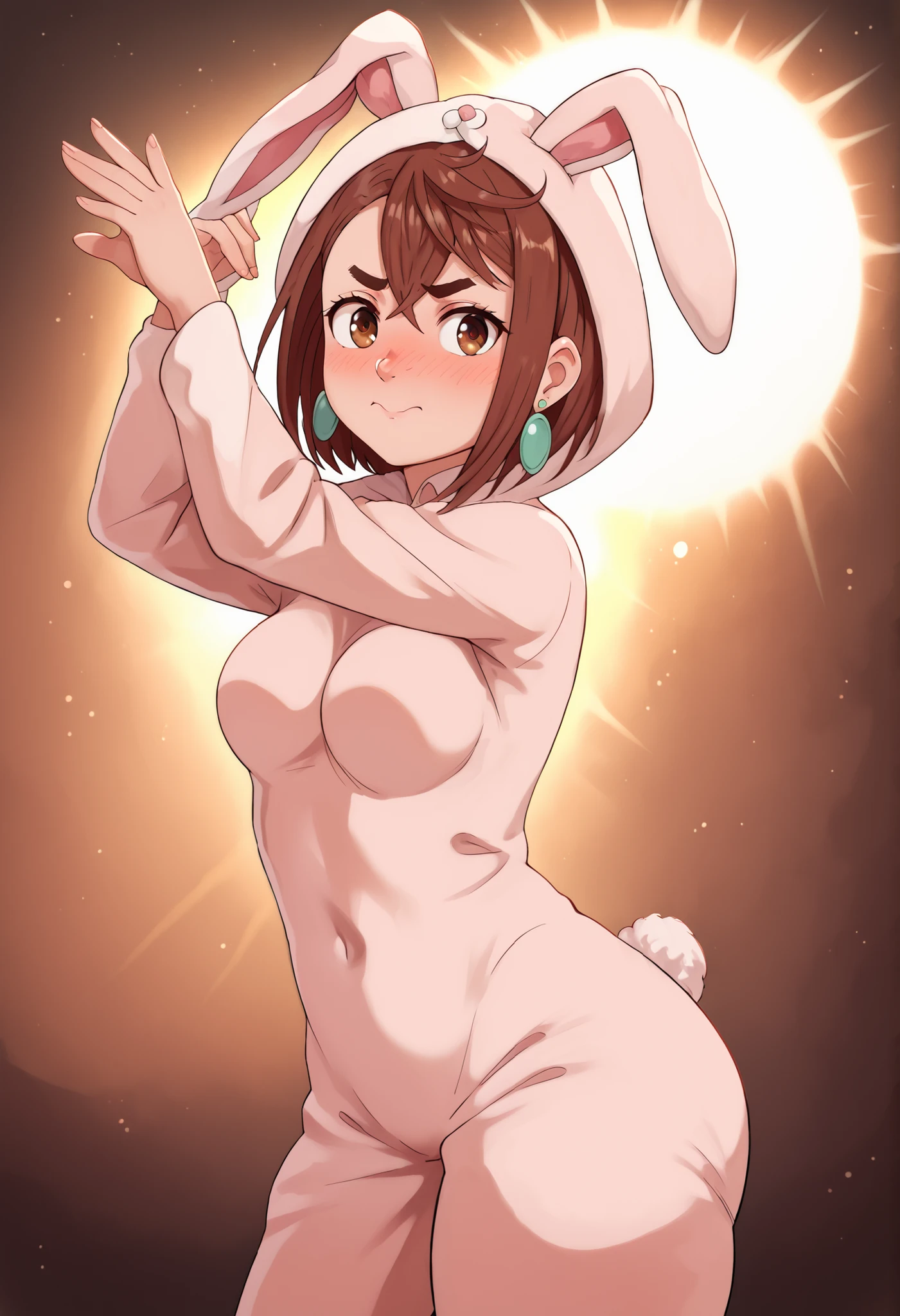 momo ayase, posing embarrassed , red face , short hair, brown hair, brown eyes, bangs, thick eyebrows, ,, shy expression, blushing cheeks, detailed shading, soft shadows,, anime style, high detail, clean background. ,, alone, earrings, nose blush, cowboy shot, detailed background, ,looking at viewer,,, big , side pose, dynamic pose, dynamic, dynamic composition,beautiful sunlight, beautiful lighting, lens flare, light leak,,, emotional, . ,COWBOY SHOT,. High-resolution anime-style illustration, clean lines, smooth shading, and rich fabric details., solo focus, looking at viewer, shiny skin, shiny hair, shiny body, clear body, nose blush,, POSING,, DYNAMIC POSE, NICE LEGS, COWBOY SHOT, cowboy shot, NOSE BLUSH,. ,, dynamic pose,, opaque clothes,,, ., opaque clothes, LOOKING AT VİEWER, opaque clothes, POSING,, nice legs, GLOWING EYES, NICE LEGS,, POSING, STANDING, rabbit costume