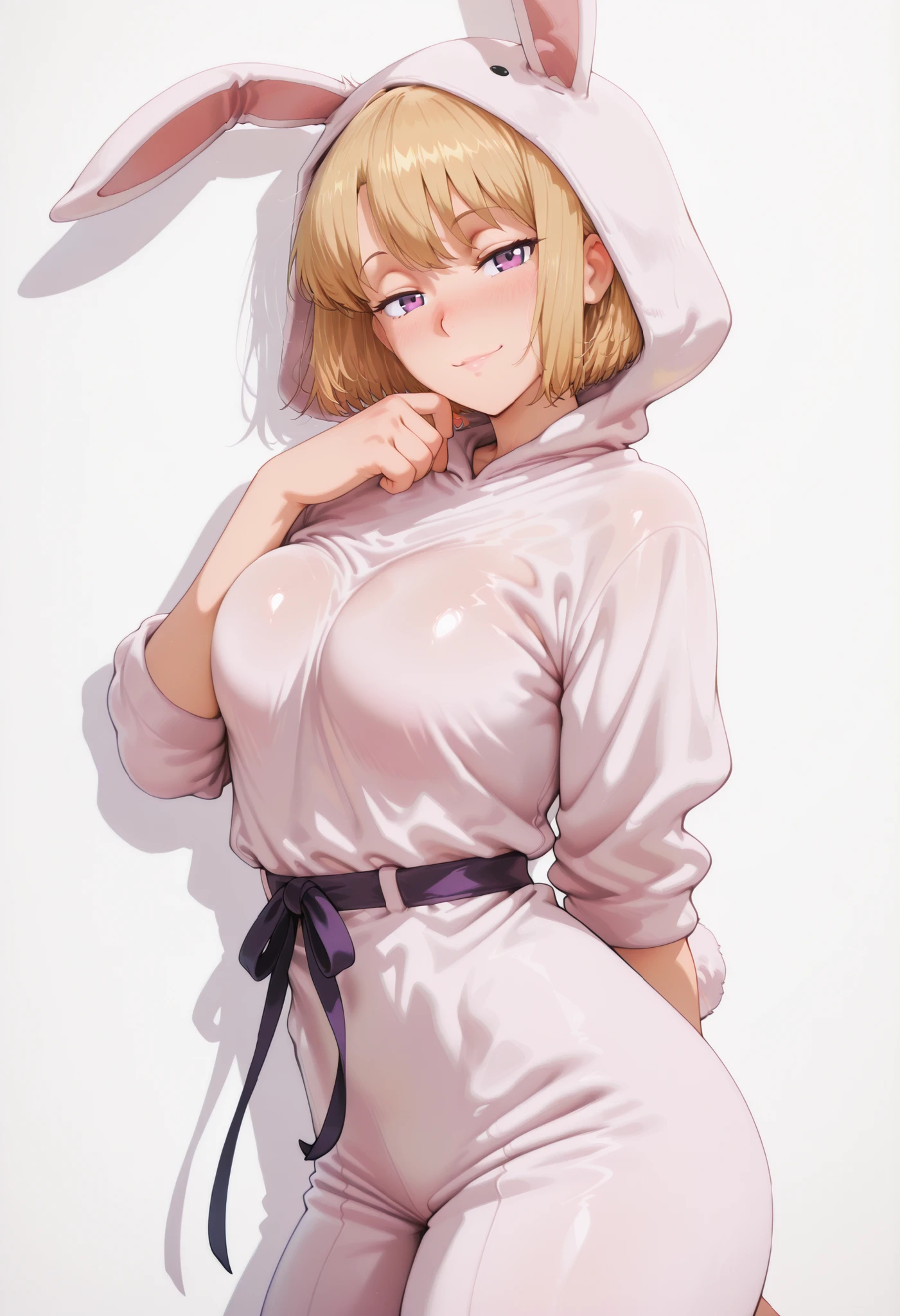 masterpiece, best quality, amazing quality, 1girl, solo, looking at viewer, blushing,, mature girl,side view, light smile, , short hair, blonde hair, purple eyes, , ,, twist, exaggerated voluptuous figure with impossibly, dramatically slim waist, curvaceous , silky smooth skin with a mystical amethyst glow,, steady and slightly pushed forward, back straight to focus entirely on the and lace details), ultra-sensual face with a bold, confident, and mischievous smirk, highly detailed, 4k ultra quality, anime style,, vibrant and rich colors, hyper-sensual and irresistibly enchanting mood, shizuku kousaka (na honjaman level up), Anime screencap,solo focus, looking at viewer, shiny skin, shiny hair, shiny body, clear body, nose blush,, POSING,, DYNAMIC POSE,,, NICE LEGS, COWBOY SHOT, ,, TIGHT CLOTHES, covered , , , , soft glossy skin , detailed shading , soft light , realistic anime style , ultra-detailed , 8k , masterpiece , highly detailed ,, , VIEW FROM FRONT , , ,, hourglass figure , large bust and wide ,, , OPAQUE CLOTHES , covered , ,,white background, empty background,
,,.
,,, DYNAMIC POSE,, covered breasts,,,rabbit costume