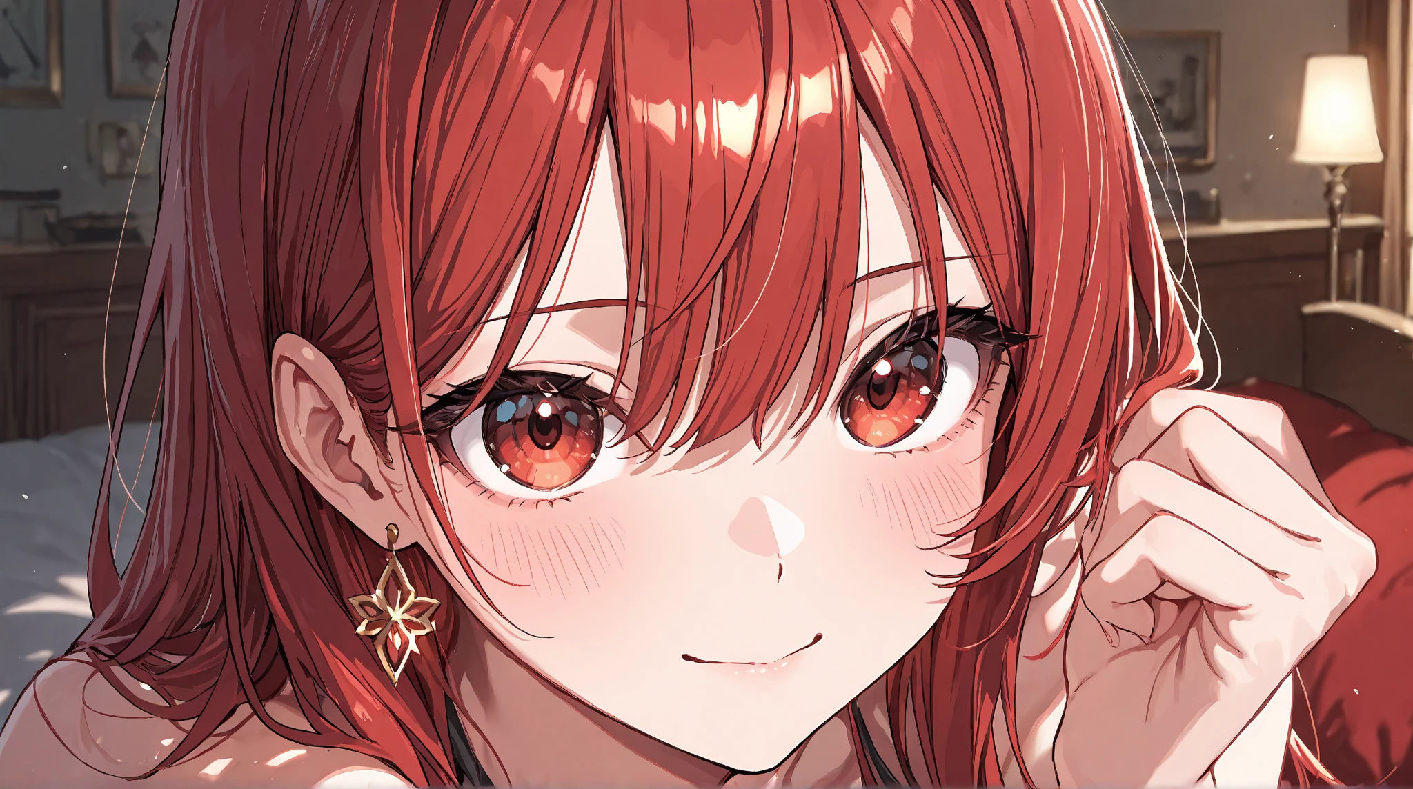 score_9,score_8_up,score_7_up, shiny skin, 1girl, girl, ponytail hairstyle, dragon girl, parted lips, black skirt, bangs, hair tie, ((red and purple color eyes, red and purple, red right eye, purple left eye, deference color eyes, Heterochromia eyes, heterochromia, beautiful detailed eyes, (cat pulils)), red and purple eyes, red hair, long red hair, ponytail hairstyle, ((small horns, yelllow horns, horns towards the bangs, the ends of the horns are on the bangs, dragonian)), collarbone, smile, yellow horns, face focus,