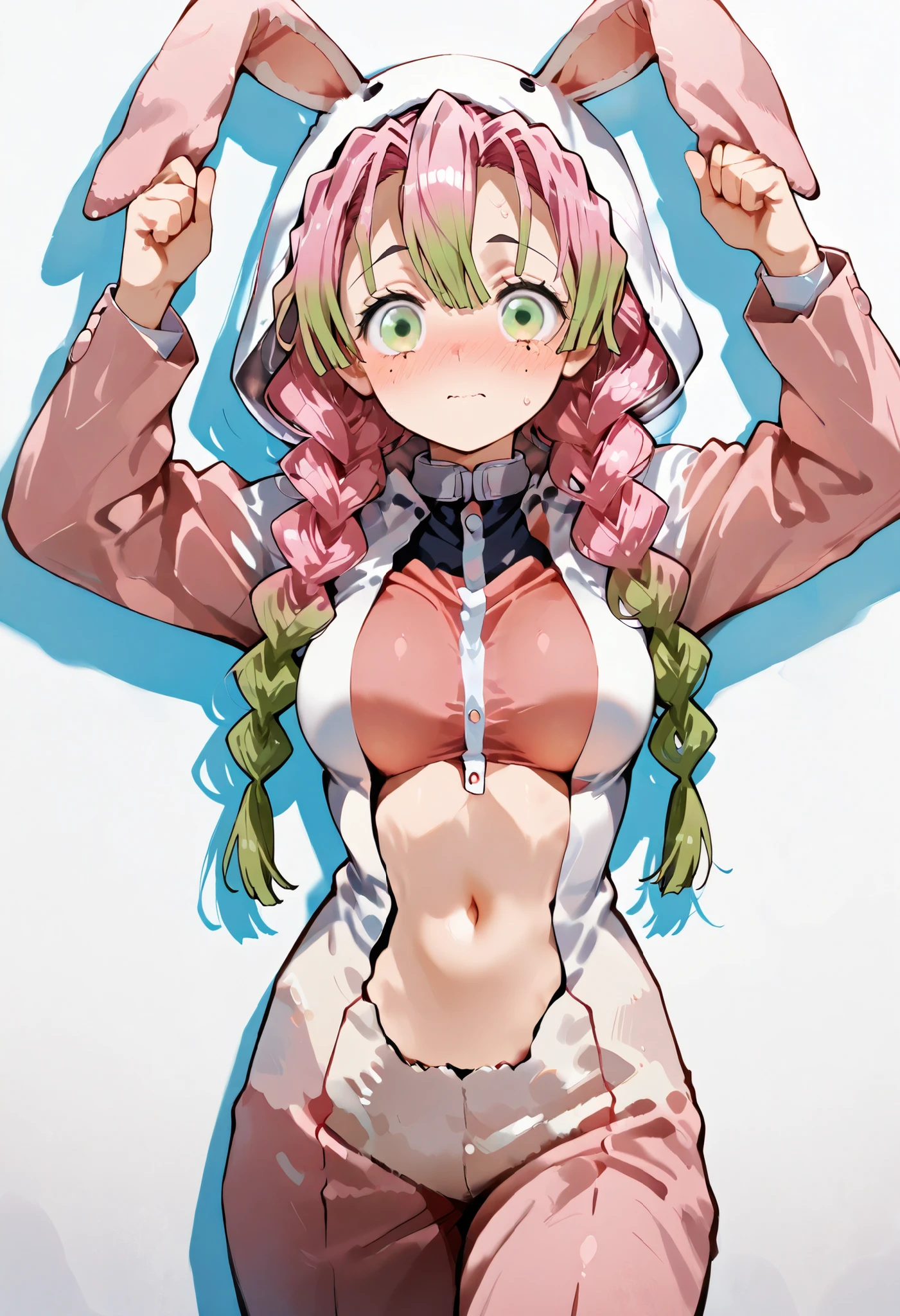 score_9,score_8_up,core_7_up, score_9, kanroji-mitsuri, 1girl, alternate costume, alternate hairstyle,,medium ,, cowboy shot,, green eyes, green hair,, mole, mole under eye,, pink hair,,, solo,,medium  stomach,,,,twin braids, multicolored hair,   ., standing, covered , POSING,, opaque clothes,,  COWBOY SHOT, DYNAMIC POSE, looking at viewer, empty background, white background, nose blush, rabbit costume, covered body, 