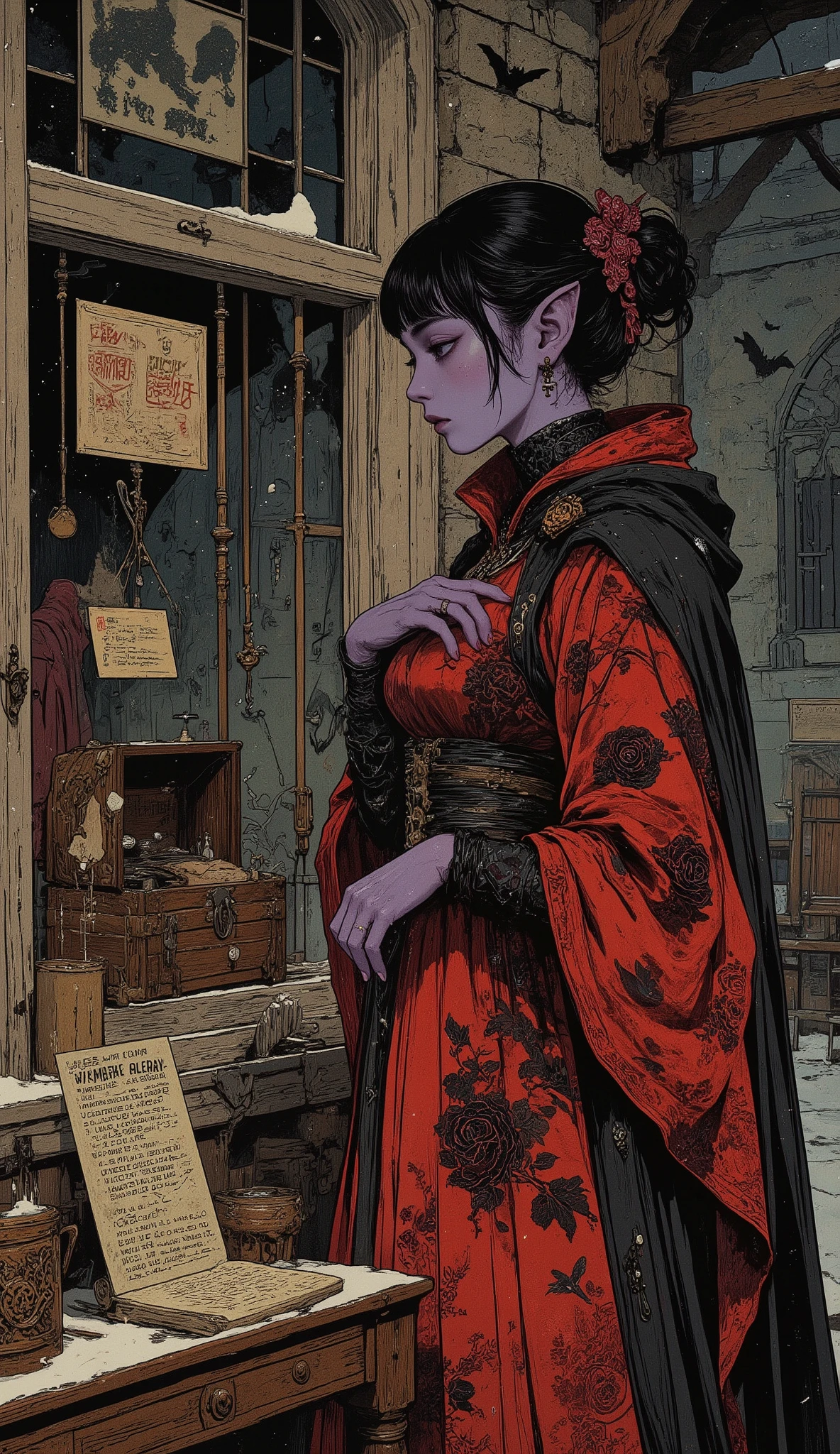 (A digital art piece blending ukiyo-e with dark fantasy, creating an aesthetic and gothic style. Detailed facial expressions. Late at night, in a bitterly cold land where snow swirls beneath low-hanging, dark gray clouds.) BREAK
(An antique shop in a medieval Romanian city. A medieval-style antique shop window displays a “Sale” sign. A wooden trunk lies open on red velvet cloth, its contents visible: small crosses, two pistols, a brass powder flask, holy water, a Bible, a stake for driving into a vampire's heart, a wooden mallet, a brass candlestick, and documents issued by the church. A sign reading “Vampire Hunting Kit” sits before the trunk.) BREAK
(Outside the antique shop's display window, a figure stood elegantly turned away, body twisted, holding an onyx black rose brooch before her chest, gazing intently at the vampire hunting kit in the window. Bats hung upside down beneath the eaves.) BREAK
(A young dark elf necromancer woman, with jet-black hair pulled up adorned with crimson extensions, a blunt fringe, dark purple skin, long black lower lashes, half-closed eyes, lavender irises, thick dark eyeliner, and small pink lips. She is shrouded in dark shadows.) BREAK
(The young dark elf necromancer wore a lace-up dress resembling a beautifully draped medieval court gown, made of deep crimson velvet embroidered with black roses. A wide silver silk sash was tied at her waist. She wore sandals woven with black ribbons and draped a thin, translucent lemon-colored silk cape over her shoulders.)
