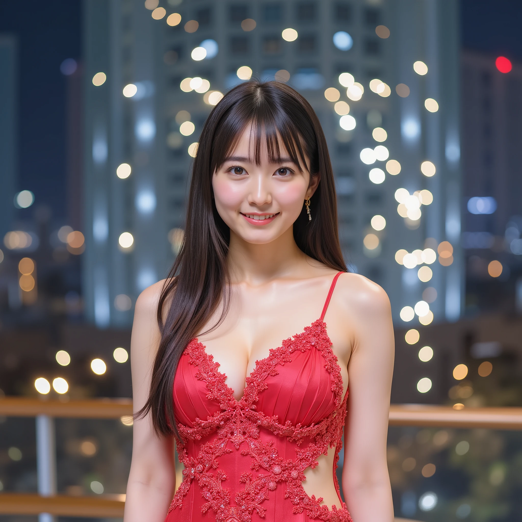 日本人トップアイドルが3人集まってパジャマパーティ、蛍光イエローとランダムカラーのシルクパジャマに身を包み、高級マンションの広々とした寝室でプライベートパーティを開催。パジャマは上質なシルクで仕立てられ、ゆったりとしたシルエット。ベッドの周りでダンスをしたり、クッションファイトをしたりして楽しむ姿。背景には大きな窓から見える東京の夜景。部屋は間接照明とLEDライトでカラフルに彩られ、テーブルには豪華なフィンガーフード。笑顔いっぱいの表情、活気に満ちた雰囲気、鮮やかな色彩表現、映画のような構図。