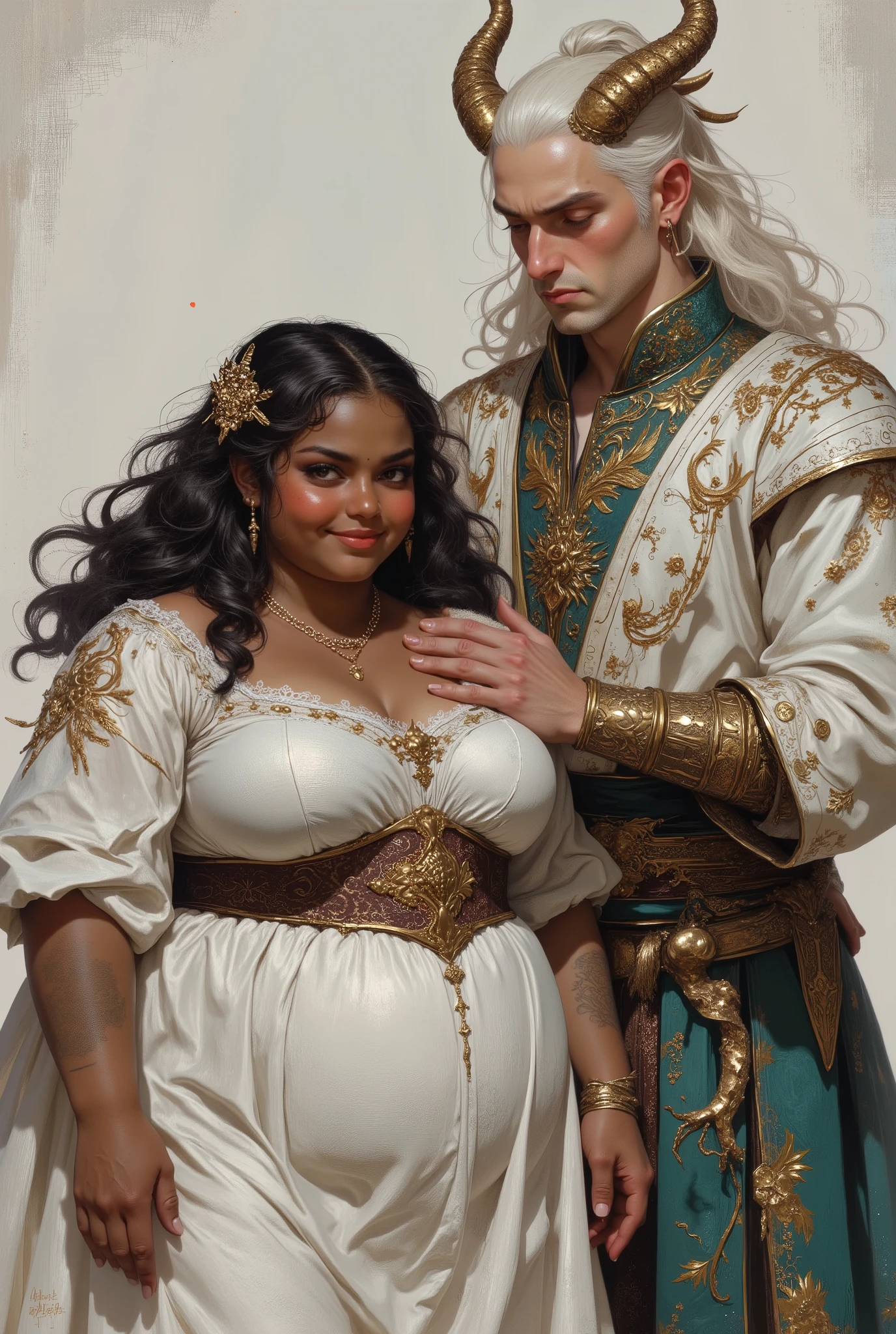 1 fat big large overweight heavy feminine beautiful young human woman with dark brown tan tanned skin color human ears and 1 and a lot taller adult young feminine man hairless face with pale white skin long white hair and gold dragon horns on top of his head and gold eyes, (((woman has medium black curly hair))), (((black hair))), (((woman with brown skin))), (((brown-skinned woman))), (((woman with dark brown skin))), (((brown skin complexion))), (((dark brown complexion))), (((tan skin))), (((sunkissed skin))), (((dark skin))), (((dark skinned))), (((chubby face))), (((chubby cheeks))), (((fat face))), (((round face))), (((broad face))), (((wide face))), (((chubby body))), (((plus size body))), (((overweight body))) (((small , small ))), (((short neck))), (((woman wearing ornate white dress with detailed brown corset))), (((young pretty man with dragon horns and chubby fat woman with dark skin standing next to each other))), (((black eyes))), (((dark brown eyes))), (((dark eyes))), (((only man has dragon horns))), dynamic lighting, rosy lips, (((closed mouth))), (((closed lips))), full lips, (((big lips))), (((big round nose))), (((asian man with pale skin and slanted gold eyes and long white hair and clean shaven face has his hand on the back of the chubby fat woman with dark skin))), (((man wearing royal white and teal ornate fantasy robes))), woman and man smile, detailed clothes, ornate design, (((upper body portrait))), upper body picture, looking at viewer, facing viewer, (((realistic))), highly detailed, masterpiece, absurdres, hq, 4k, 1girl, solo, wide hips,Attractive, ultra realistic, thick outlines, drawn, bright colors, detailed eyes, detailed hands, digital art style, Detailed face, attractive, dynamic pose, HD, good quality