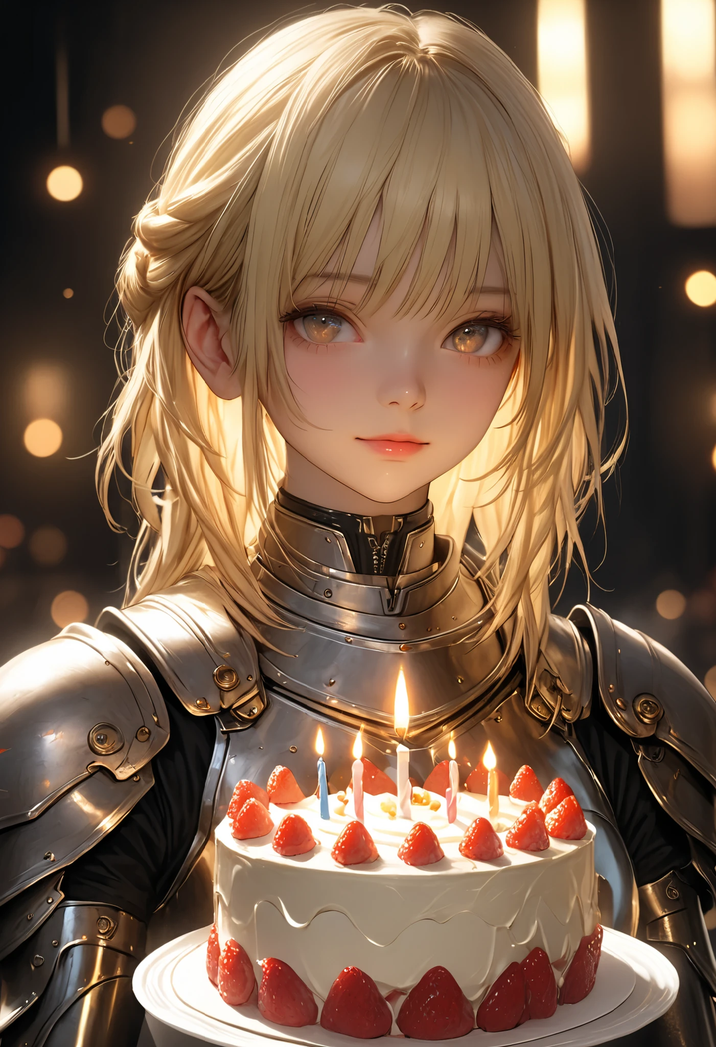 The personification of a cake, Beautiful girl, 鎧のBeautiful girl, Armor reflects light、Delicate Expression, expression of sorrow, inquisitive gaze, modest smile, White-blonde hair, clean atmosphere, High Quality, Realistic, Fine, Professional, UHD, HDR, Studio Lighting, physically-based rendering, Extremely Detailed Description, brightly colored, Bokeh
