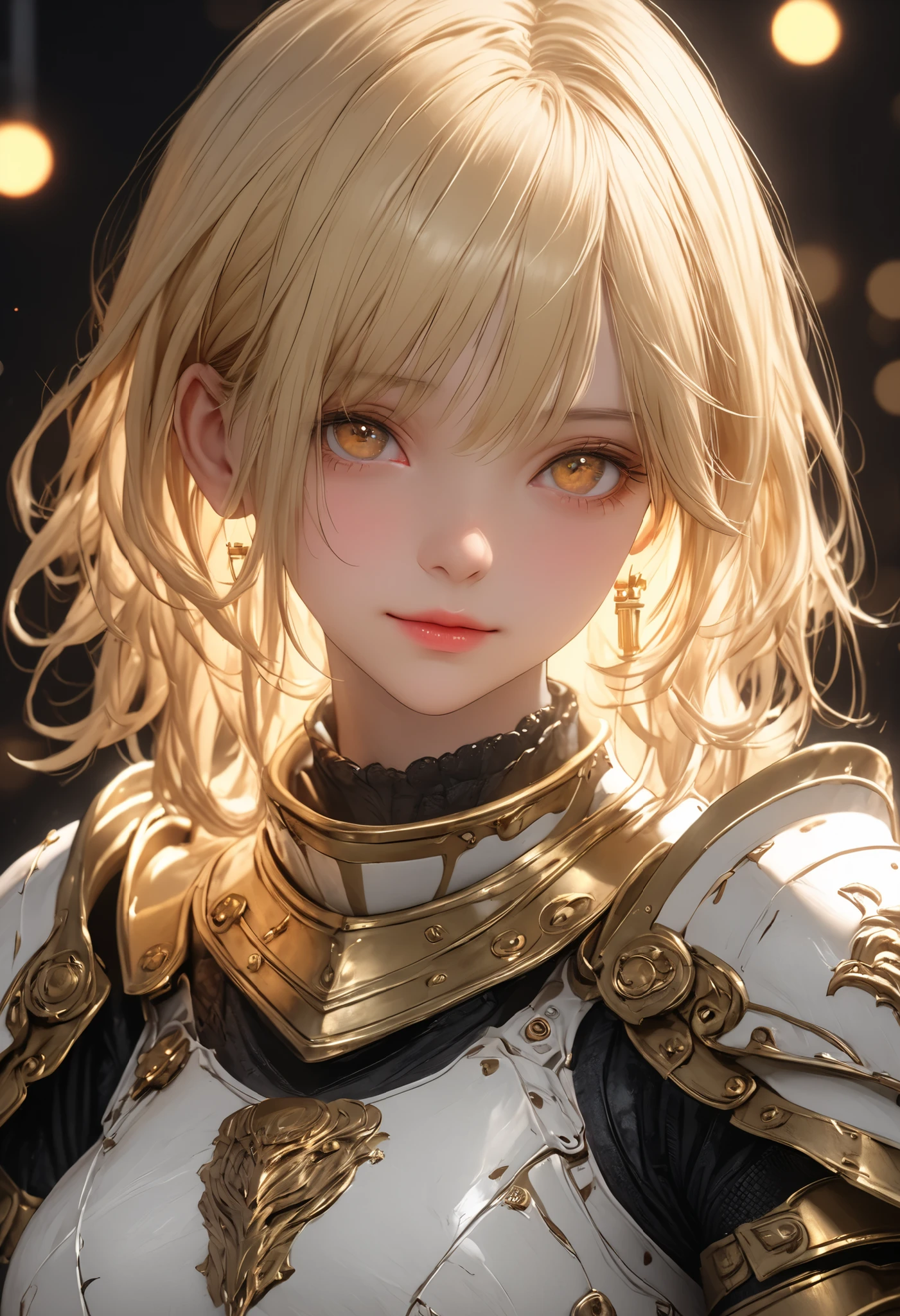 The personification of a cake, Beautiful girl, 鎧のBeautiful girl, Armor reflects light、Delicate Expression, expression of sorrow, inquisitive gaze, modest smile, White-blonde hair, clean atmosphere, High Quality, Realistic, Fine, Professional, UHD, HDR, Studio Lighting, physically-based rendering, Extremely Detailed Description, brightly colored, Bokeh