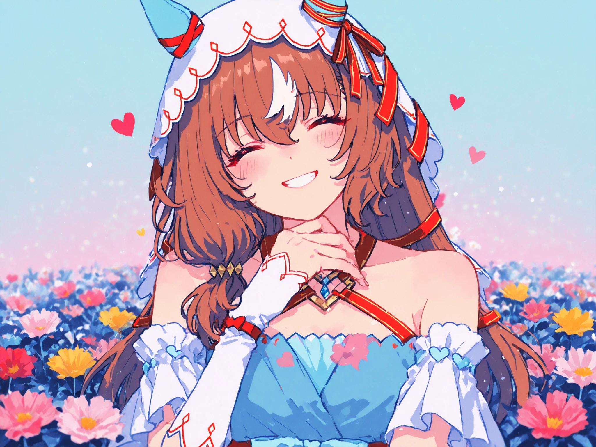 1girl,solo, still in love (umamusume), SILove, horse girl, brown hair, red eyes, long hair, streaked hair,SILdefault,red and aqua dress, off-shoulder dress, criss-cross halter, detached sleeves, red high heels, bridal gauntlets,aqua bow,white bow,heart print,veil, ear covers, red hair ribbon, ,Pastel pale colors, (Yellow Color Palette.:1.2, Blue:1.2, Pink:1.2),happy,closed eyes,Smile,upper body, Surrounded by Flowers, Polka dots background,masterpiece,Highest Quality,blurry, color difference, (watercolor), xxx667 _illustration, SuperDetailers_NAI, AissistXLv2, nsfwEMPXL,