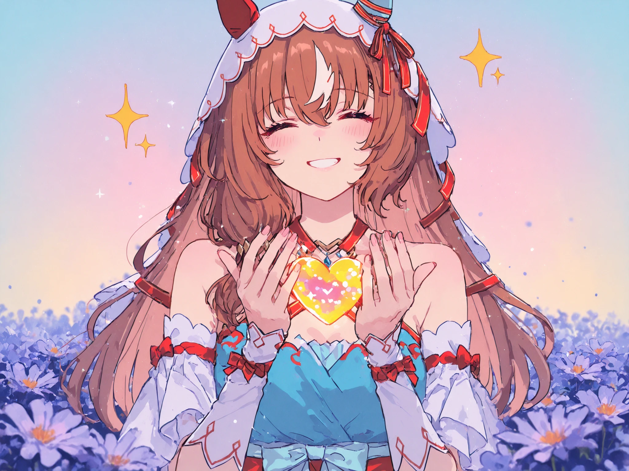 1girl,solo, still in love (umamusume), SILove, horse girl, brown hair, red eyes, long hair, streaked hair,SILdefault,red and aqua dress, off-shoulder dress, criss-cross halter, detached sleeves, red high heels, bridal gauntlets,aqua bow,white bow,heart print,veil, ear covers, red hair ribbon, ,Pastel pale colors, (Yellow Color Palette.:1.2, Blue:1.2, Pink:1.2),happy,closed eyes,Smile,upper body, Surrounded by Flowers, Polka dots background,masterpiece,Highest Quality,blurry, color difference, (watercolor), ((sparkle)), (Glow), xxx667 _illustration, SuperDetailers_NAI, AissistXLv2, nsfwEMPXL,