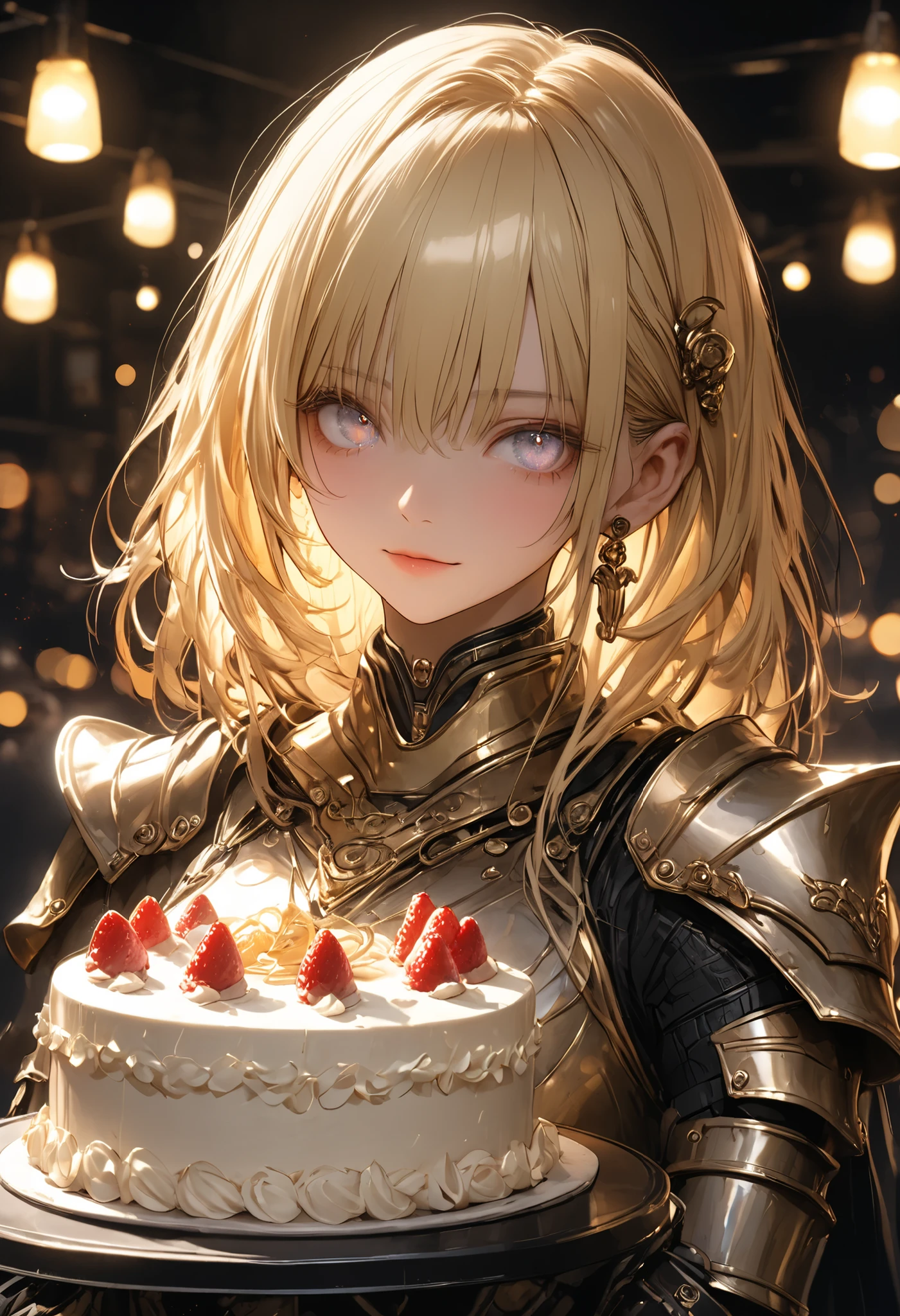 The personification of a cake, Beautiful girl, 鎧のBeautiful girl, Armor reflects light、Delicate Expression, expression of sorrow, inquisitive gaze, modest smile, White-blonde hair, clean atmosphere, masterpiece，（masterpiece），fuill body ,best quality ，（最High Quality）， cinematiclighting ，（Cinematic Lights）、beautiful detailed eyes ，eye detail connected to an electric wire，uitra-detailed，（Super Detailed），highresolution， （high definition），8k，8K resolution，official art，（official illustration style），High Quality, Realistic, Fine, Professional, UHD, HDR, Studio Lighting, physically-based rendering, Extremely Detailed Description, brightly colored, Bokeh