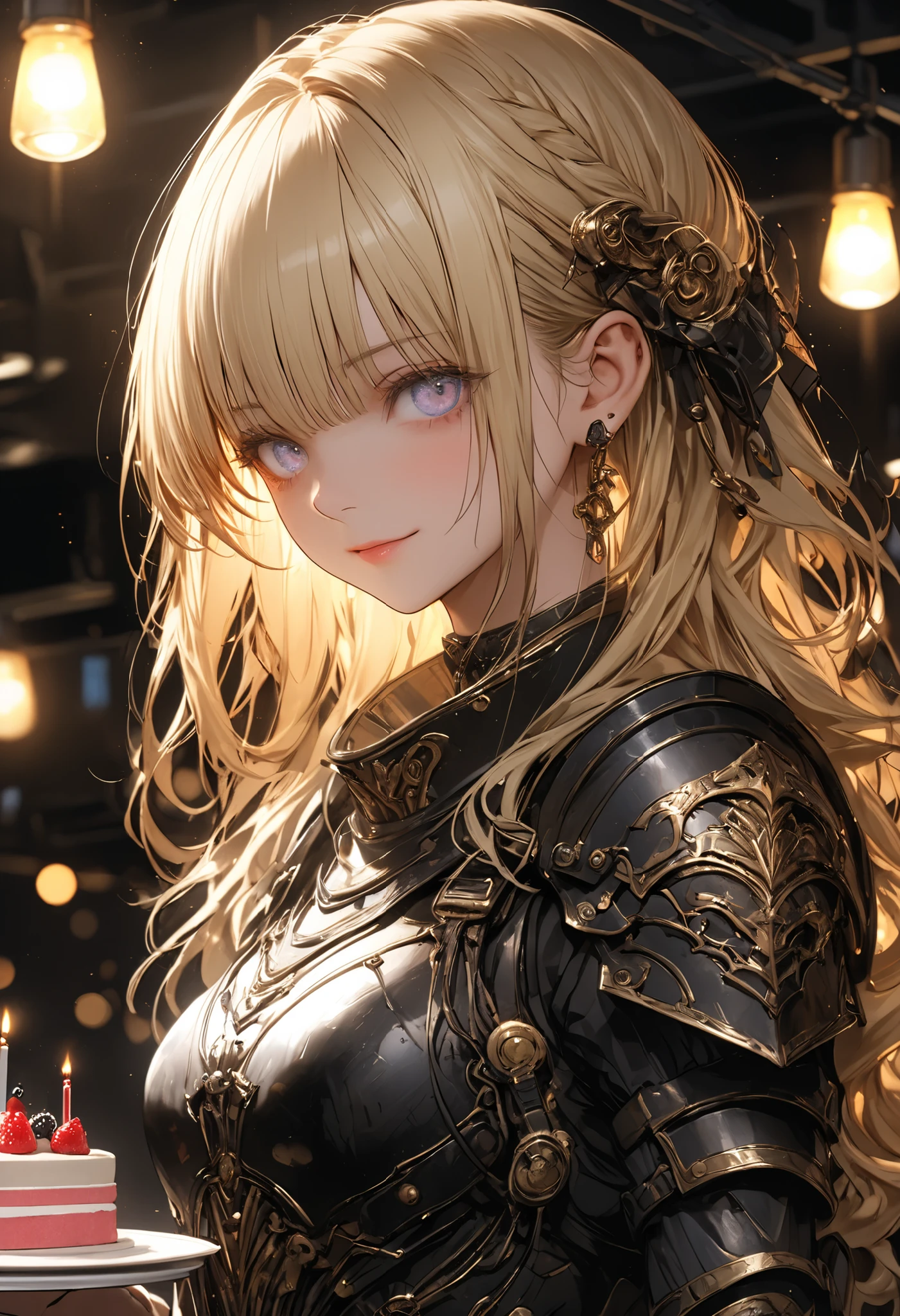The personification of a cake, Beautiful girl, 鎧のBeautiful girl, Armor reflects light、Delicate Expression, expression of sorrow, inquisitive gaze, modest smile, White-blonde hair, clean atmosphere, masterpiece，（masterpiece），fuill body ,best quality ，（最High Quality）， cinematiclighting ，（Cinematic Lights）、beautiful detailed eyes ，eye detail connected to an electric wire，uitra-detailed，（Super Detailed），highresolution， （high definition），8k，8K resolution，official art，（official illustration style），High Quality, Realistic, Fine, Professional, UHD, HDR, Studio Lighting, physically-based rendering, Extremely Detailed Description, brightly colored, Bokeh