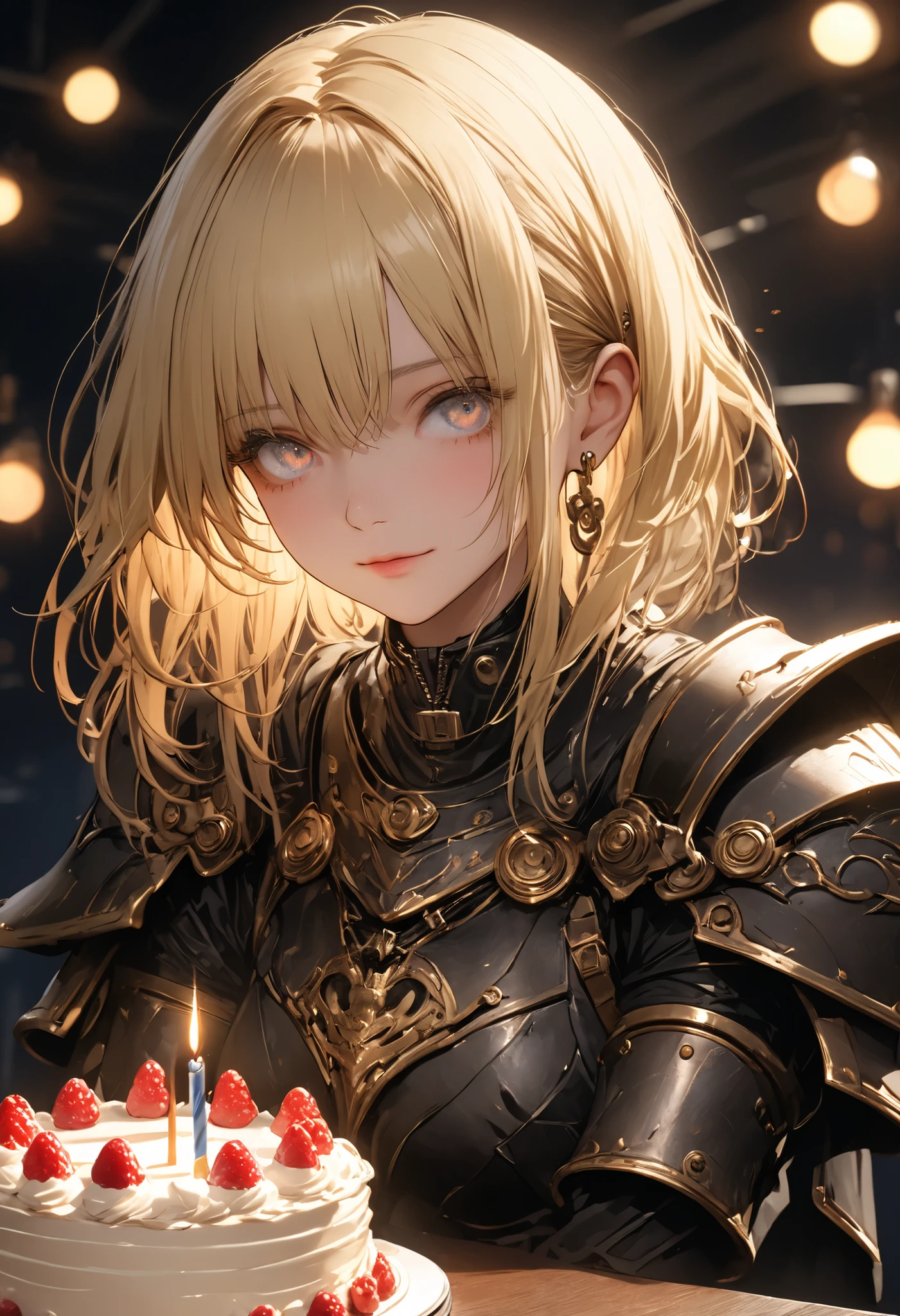 The personification of a cake, Beautiful girl, 鎧のBeautiful girl, Armor reflects light、Delicate Expression, expression of sorrow, inquisitive gaze, modest smile, White-blonde hair, clean atmosphere, masterpiece，（masterpiece），fuill body ,best quality ，（最High Quality）， cinematiclighting ，（Cinematic Lights）、beautiful detailed eyes ，eye detail connected to an electric wire，uitra-detailed，（Super Detailed），highresolution， （high definition），8k，8K resolution，official art，（official illustration style），High Quality, Realistic, Fine, Professional, UHD, HDR, Studio Lighting, physically-based rendering, Extremely Detailed Description, brightly colored, Bokeh