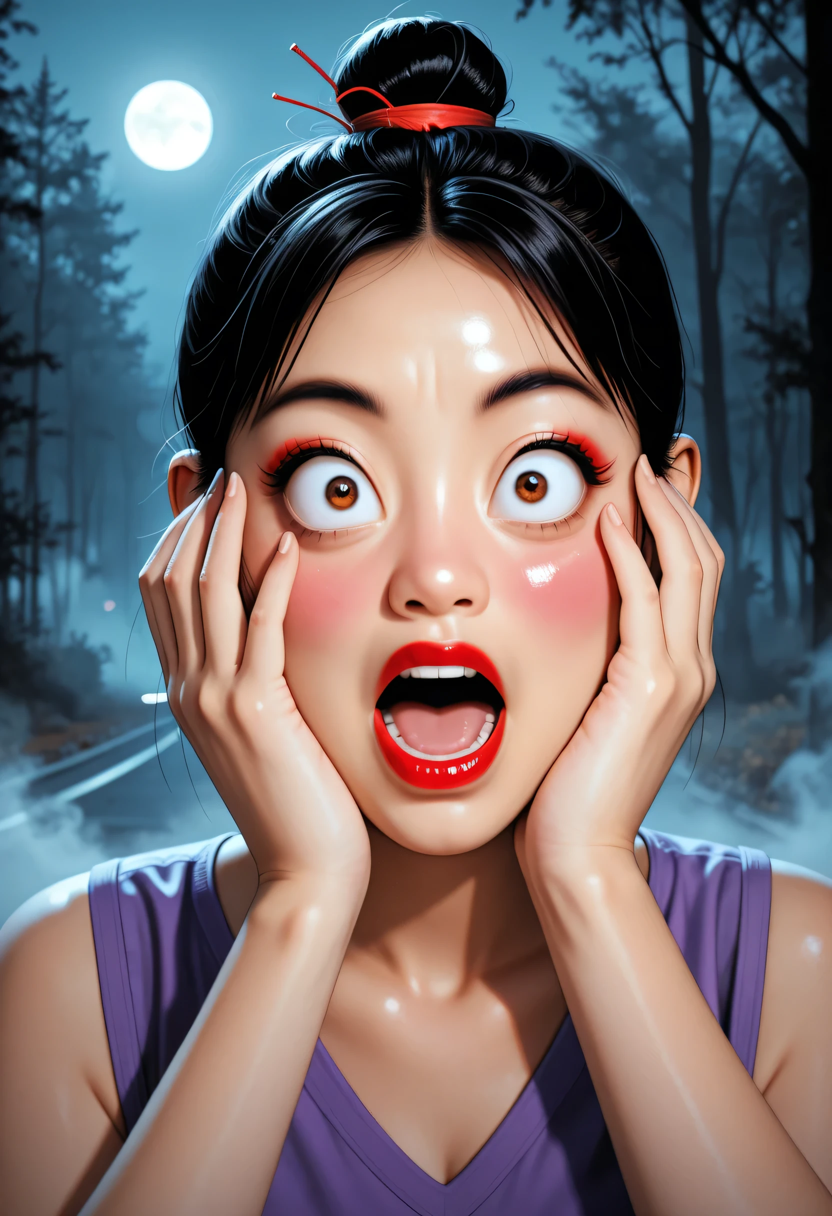 1girl, perfect face, black hair bun, hair up, black round eyebrows, black eyeliners, big brown eyes, nose, thick red lipstick, (shocked, big eyes, blushing, open mouth), beautiful girl, v-neck, purple tank top, ((female asian, face asian)), death forest road, dark, fog, night sky, (hands on own face), (shiny skin), (glossy skin)