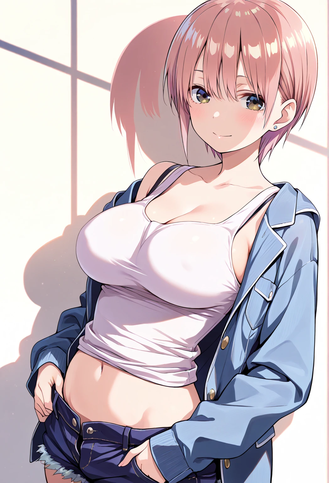 Hoshizora rin, Best Quality,(beauty), 1girl,phisically-based render ,ultra highres,(cowboy shot:1.5), skinny, big eyes,long legs,torn jeans,leather belt, ???????????, ????? ???????, ????? ????, pink ???????, puffy eyes, leather belt,(rainy city), shiny skin, facing viewer, uncovered ???????, sweating, flying sweat drops, Blushing, nervous, sweaty