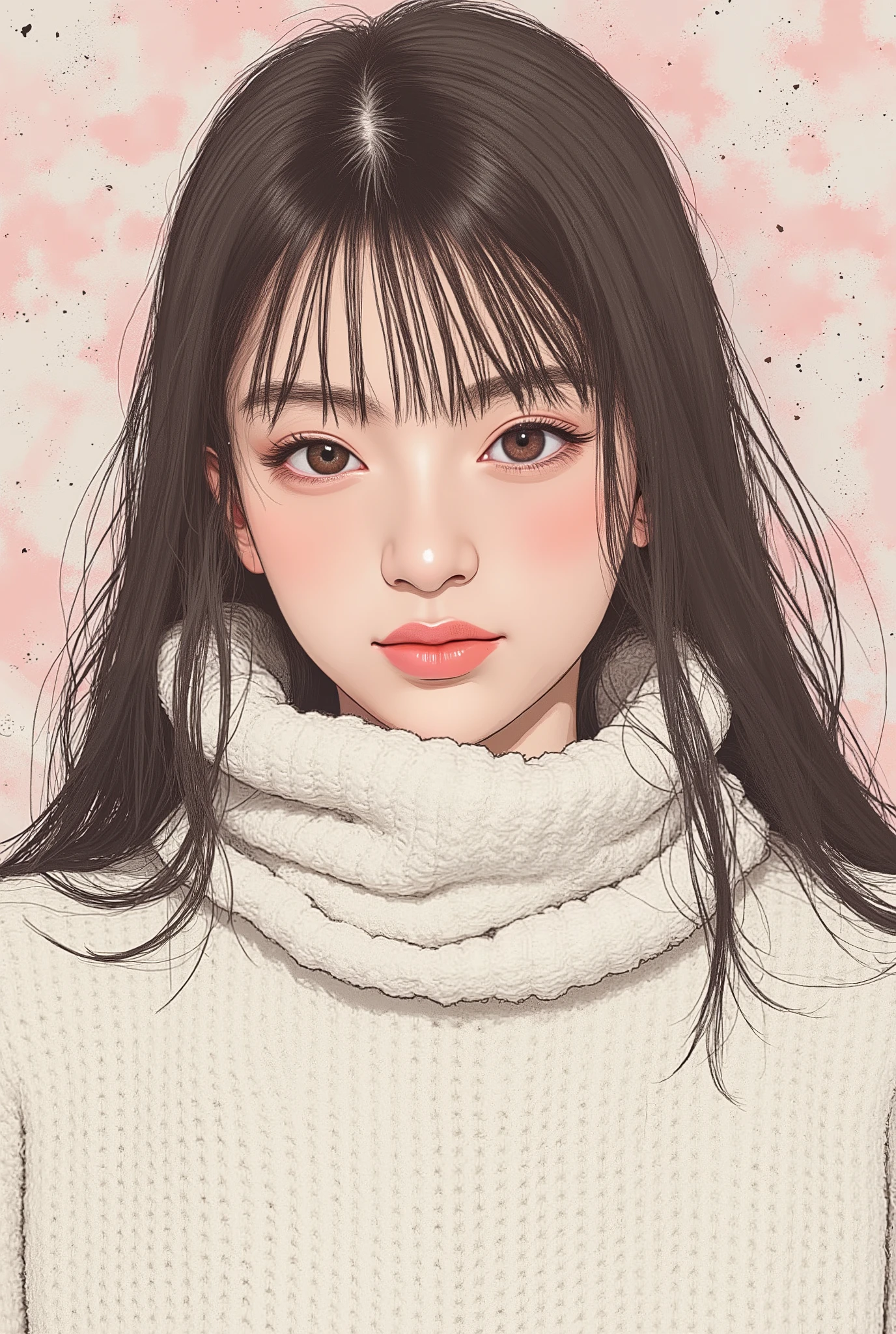 ((illustration))、Close up of a woman wearing a white knit, Smile Yan、Tomer Hanukkah  , Popular on CGSociety,full bang、 brown hair、Semi Long Random Hair、 Conceptual Art, laurie greasley and James Jean,   Jamie Hewlett Art  , Laurie Gracie's Style, James Jean style,  Jamie McKelvie comic art , James Jean!, style of James Jean, James Jean marc、((face in front))、((illustration))、Background is random color