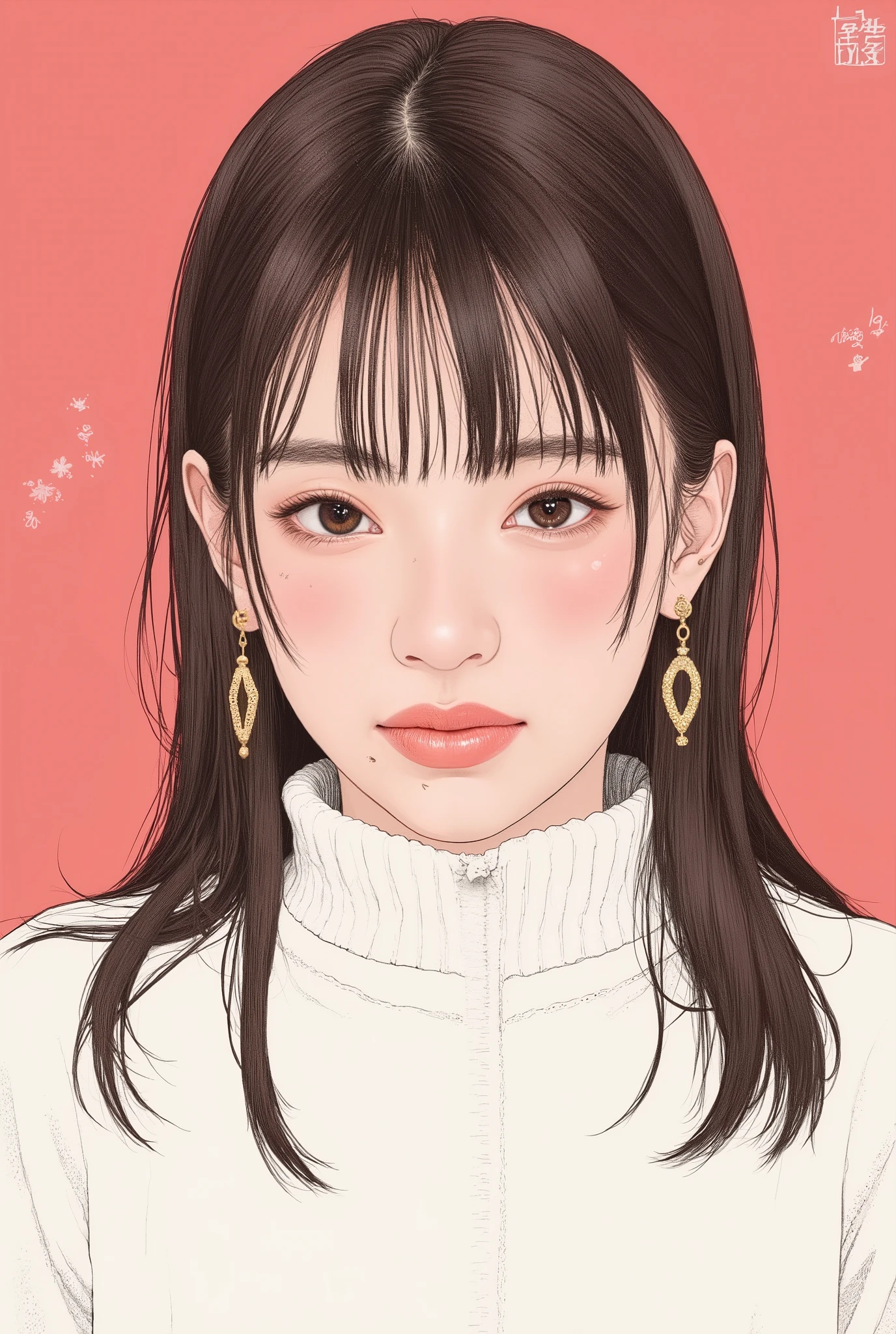 ((illustration))、Close up of a woman wearing a white knit, Smile Yan、Tomer Hanukkah  , Popular on CGSociety,full bang、 brown hair、Semi Long Random Hair、 Conceptual Art, laurie greasley and James Jean,   Jamie Hewlett Art  , Laurie Gracie's Style, James Jean style,  Jamie McKelvie comic art , James Jean!, style of James Jean, James Jean marc、((face))、((illustration))、The background is coral pink