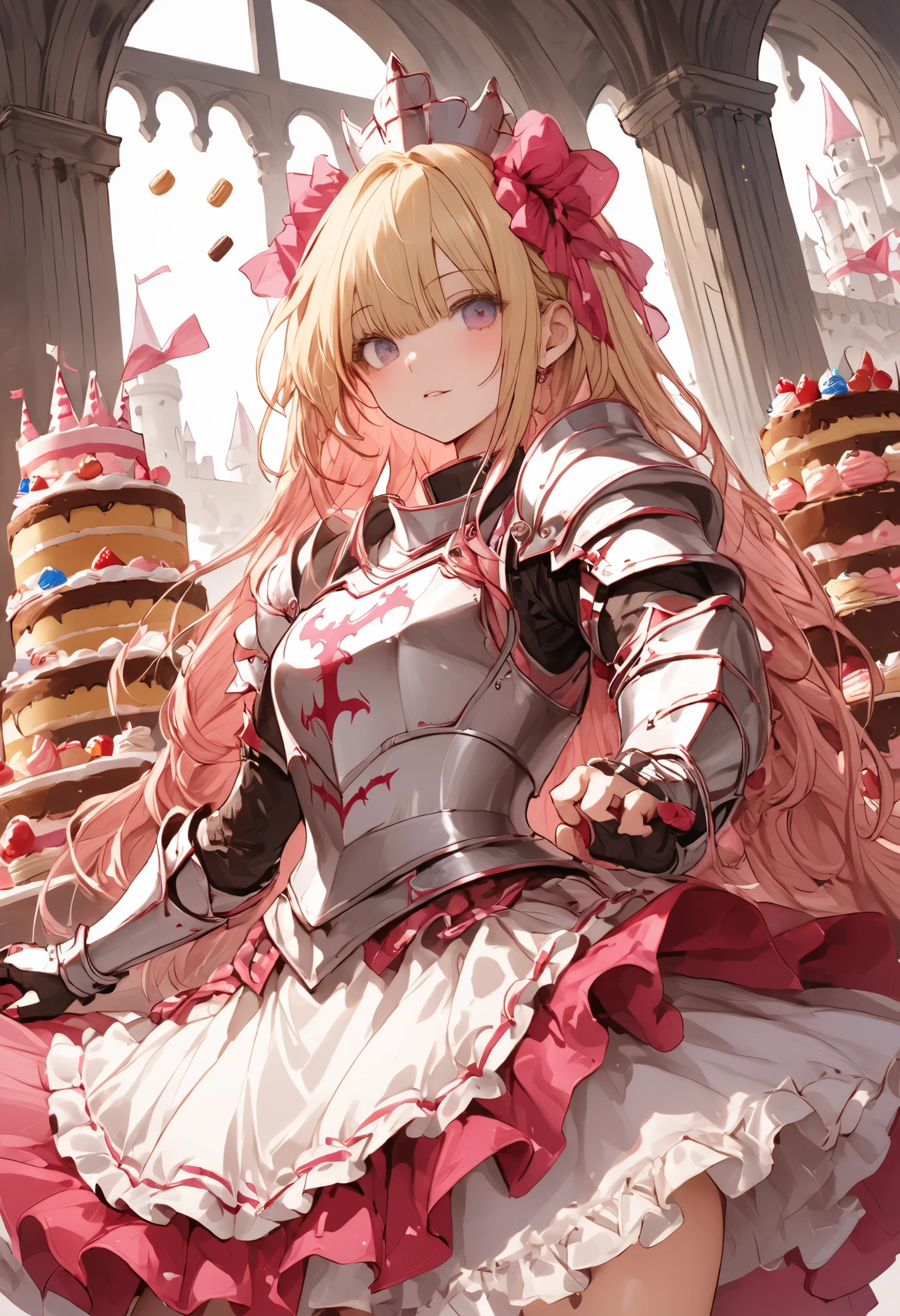 Knight of Cakes、The personification of a cake、Cookie Armor 、Beautiful girl、Candy Castle、 Cookie Bricks、The Knights in Armor、strong pose、Cream dances、