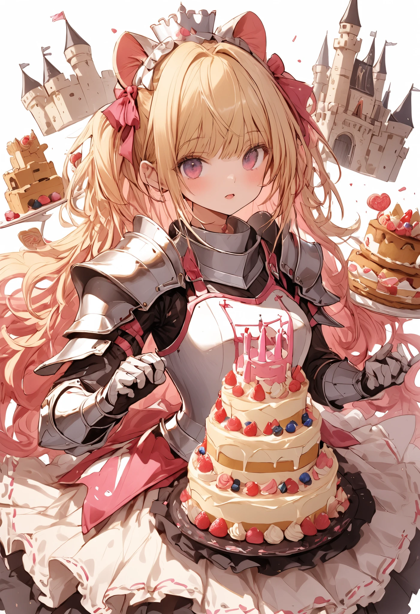 Knight of Cakes、The personification of a cake、Cookie Armor 、Beautiful girl、Candy Castle、 Cookie Bricks、The Knights in Armor、strong pose、Cream dances、