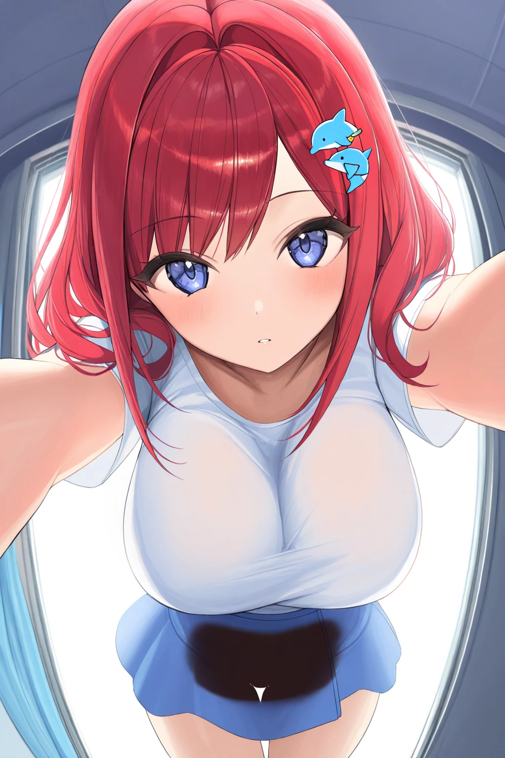 best quality, masterpiece, extremely detailed CG, official art , professional lighting, sakimiyairuka, red hair, green eyes,(one side up), medium hair, side ponytail, green scrunchie, hair ornament, perfect face, shiny skin, bikini, from below