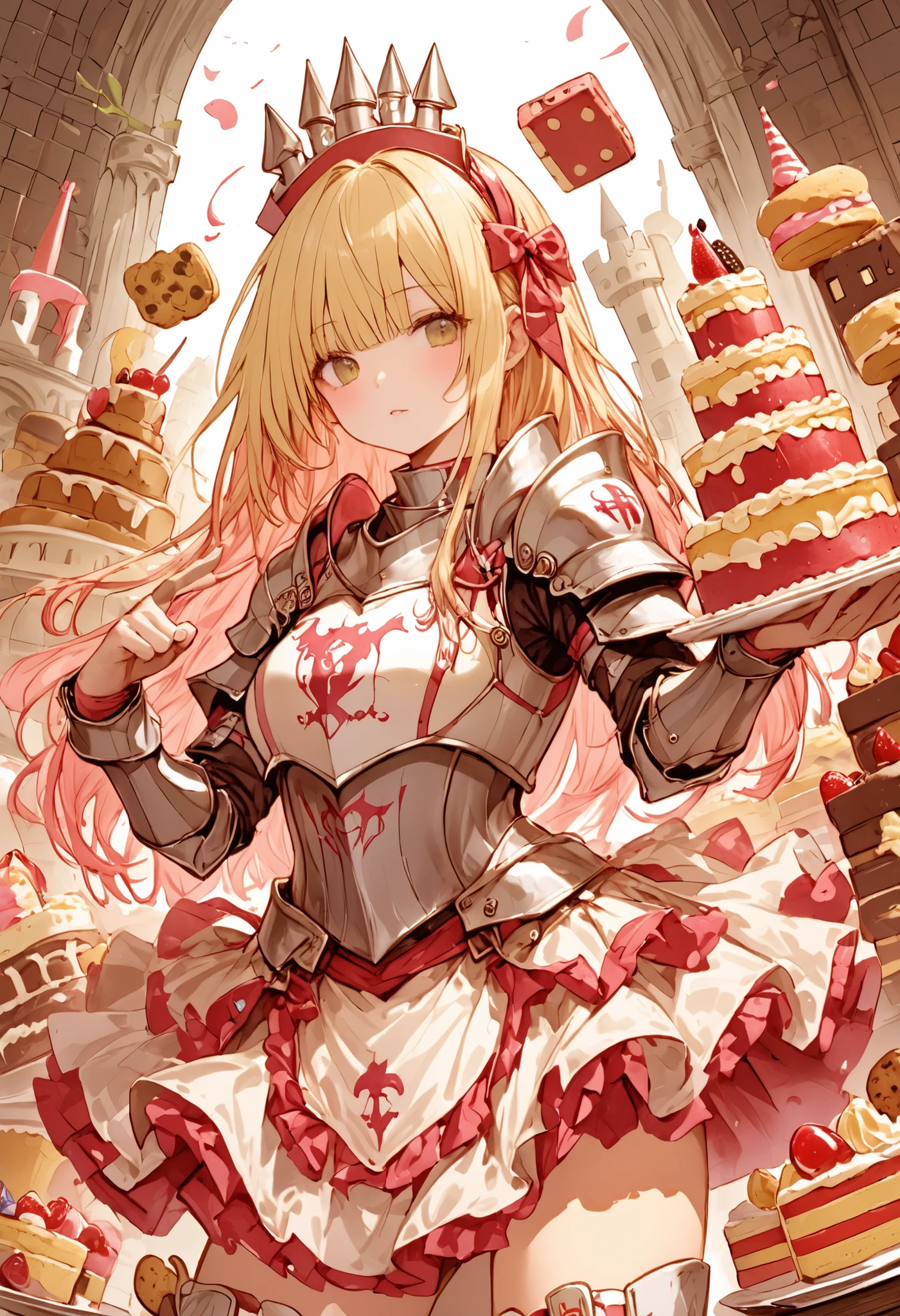Knight of Cakes、The personification of a cake、Cookie Armor 、Beautiful girl、Candy Castle、 Cookie Bricks、The Knights in Armor、strong pose、Cream dances、