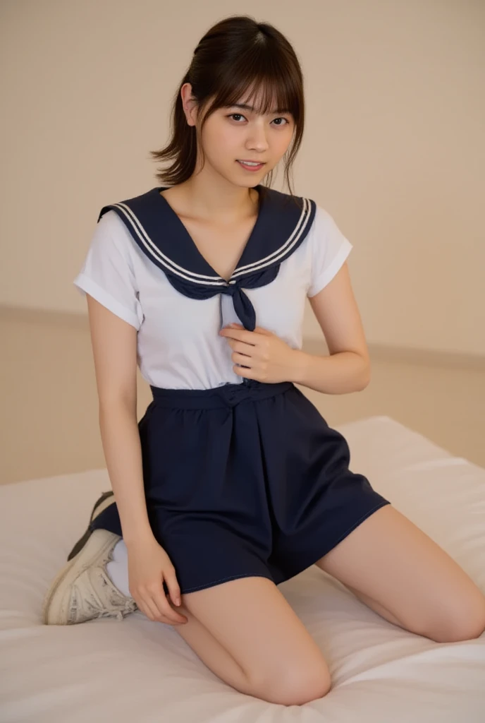 masuter piece、、top-quality、the perfect body、Delicate facial details、facial detailing、full body Esbian、Japan Female, 30 years old、独奏,Rough breath、Crying and shy look, Sloppily open your mouth、red eyes、drooing eyes、Golden hair、poneyTail、((a sailor suit))、(both hands behind head、Panties bitten in the crotch、Panties bitten in the crotch、Crotch line)、Curvaceous legs、((Lots of wet panties、Drenched panties))、Sit in a taxi、(Spread )