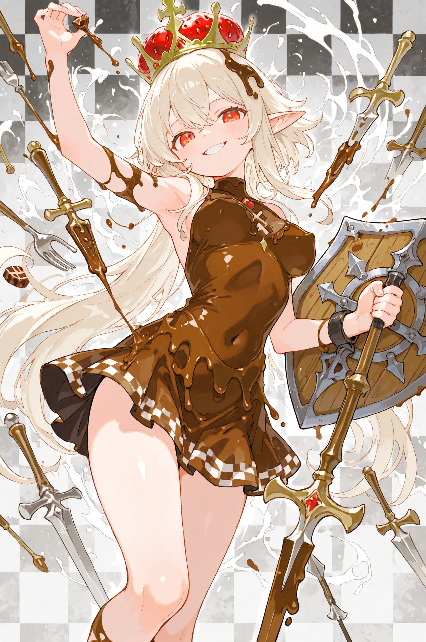 Masterpiece, Best Quality, illustration, city street, 1girl, Mordred \(fate\), cowboy shot, collarbone, Detailed blond hair ponytail braid, green eyes, Red leather jacket, White short blouse, fur_Bikini,long_globes,navel,thigh-high,grin, covered_pussy,skiny,long_sword,apart_legs,