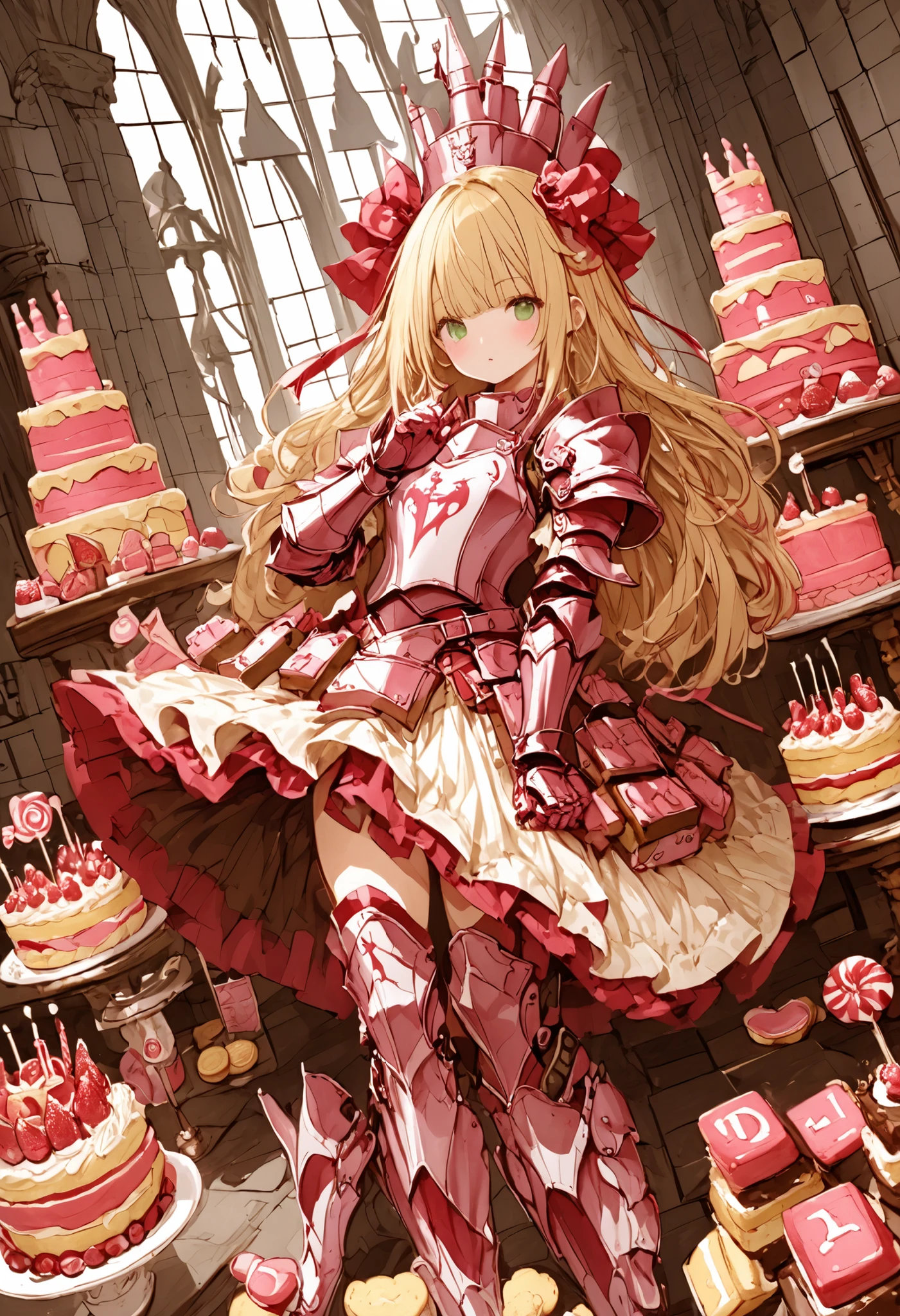Knight of Cakes、The personification of a cake、Cookie Armor 、Beautiful girl、Candy Castle、 Cookie Bricks、The Knights in Armor、strong pose、Cream dances、