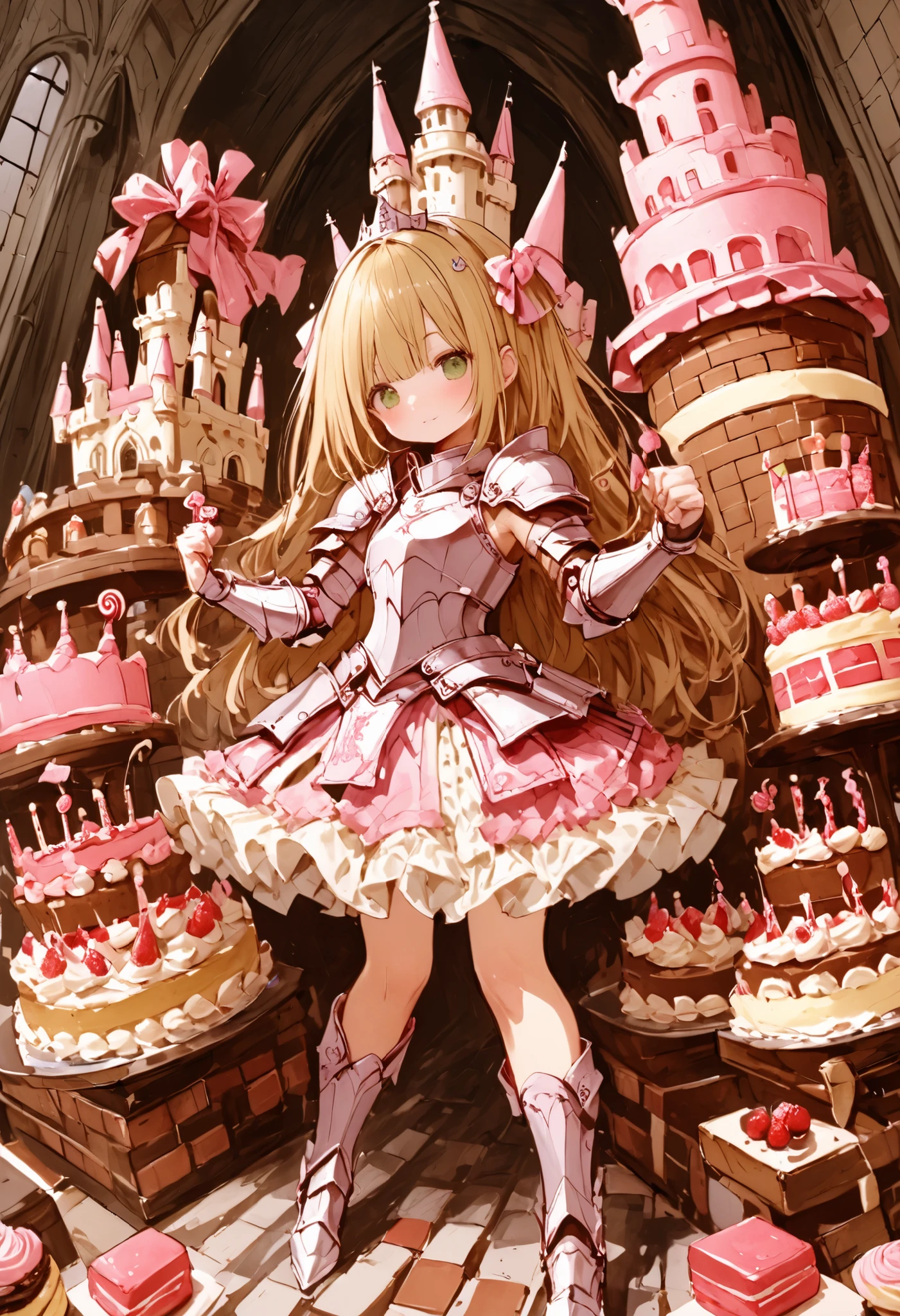 Knight of Cakes、The personification of a cake、Cookie Armor 、Beautiful girl、Candy Castle、 Cookie Bricks、The Knights in Armor、strong pose、Cream dances、