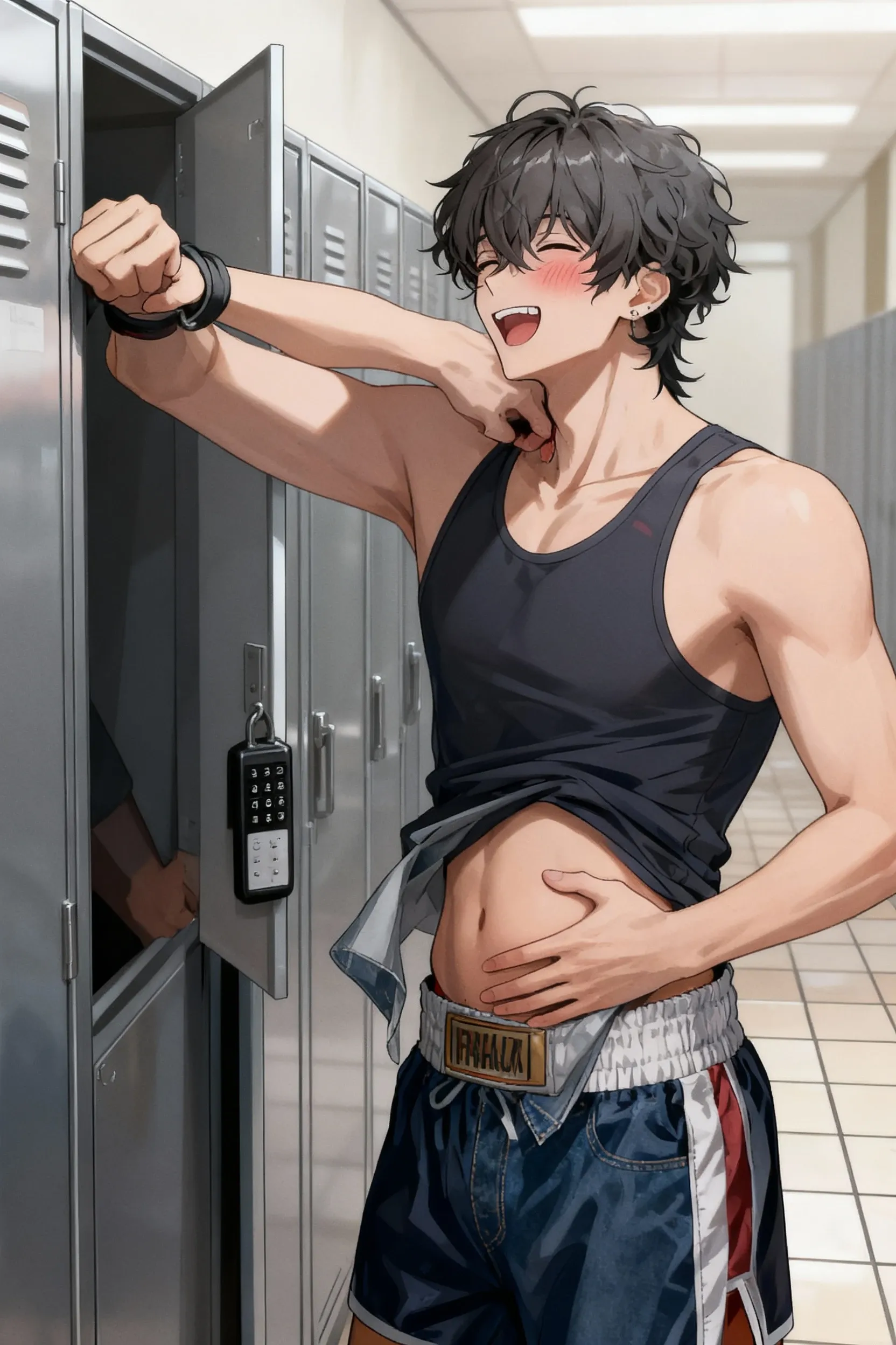 1boy, male focus, undressing, shirt lift, clothes lift, lifted by self, toned male, toned, shirt, pants, locker room, locker, solo, looking at viewer, smirk, blush, black hair, brown eyes, short hair, best quality, amazing quality, best aesthetic, absurdres, year 2023